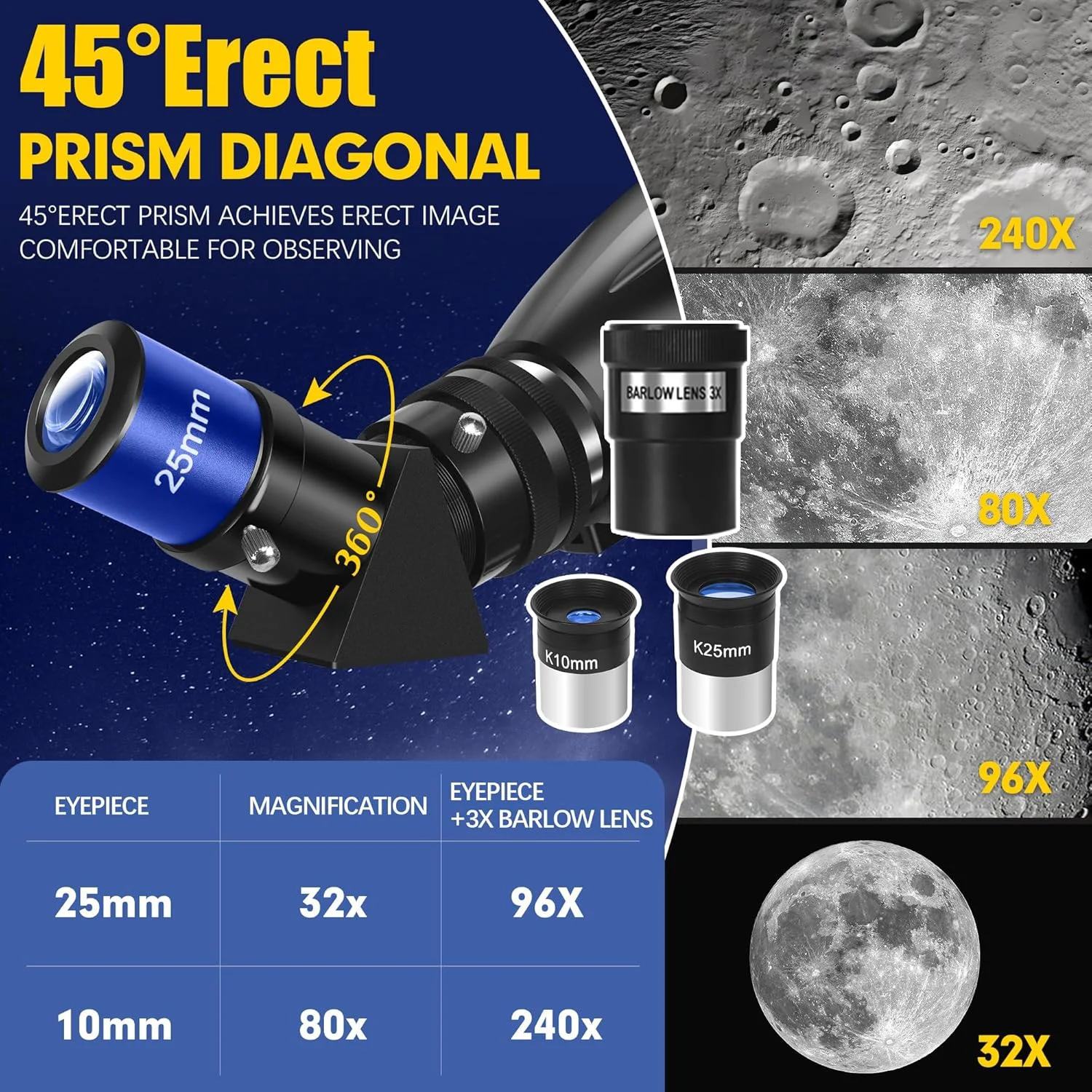 تلسکوپ 90800، دیافراگم 90 میلی‌متری، شکست نور 800 میلی‌متری برای بزرگسالان و مبتدیان، انتقال بالا با پوشش چند لایه به همراه آداپتور تلفن، مشکی