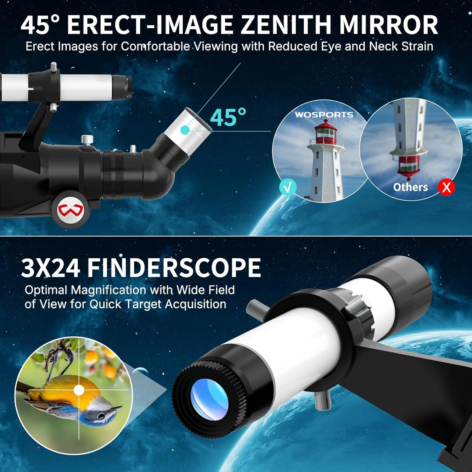 تلسکوپ Wosports برای بزرگسالان، دیافراگم 90 میلی‌متری، تلسکوپ شکستنی حرفه‌ای قابل حمل 600 میلی‌متری برای مبتدیان، بزرگنمایی 180X، با سه‌پایه قابل تنظیم پایدار، آداپتور تلفن، کیف حمل