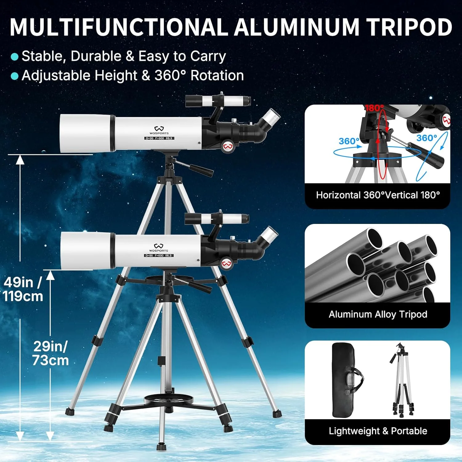 تلسکوپ Wosports برای بزرگسالان، دیافراگم 90 میلی‌متری، تلسکوپ شکستنی حرفه‌ای قابل حمل 600 میلی‌متری برای مبتدیان، بزرگنمایی 180X، با سه‌پایه قابل تنظیم پایدار، آداپتور تلفن، کیف حمل