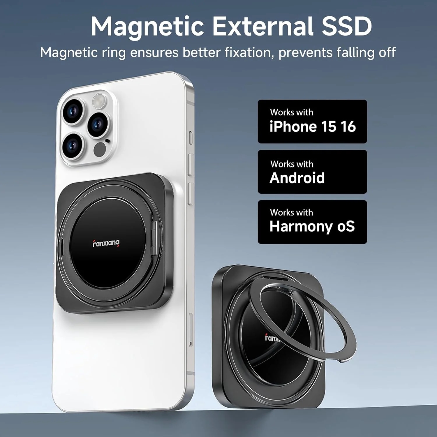 فن‌شیانگ SSD اکسترنال قابل حمل مغناطیسی 2 ترابایتی با پایه چرخان 360 درجه، سرعت تا 2000 مگابایت بر ثانیه، USB-C 3.2 Gen 2x2، سازگار با آیفون 15/16، اندروید، مک، کامپیوتر و تبلت‌ها