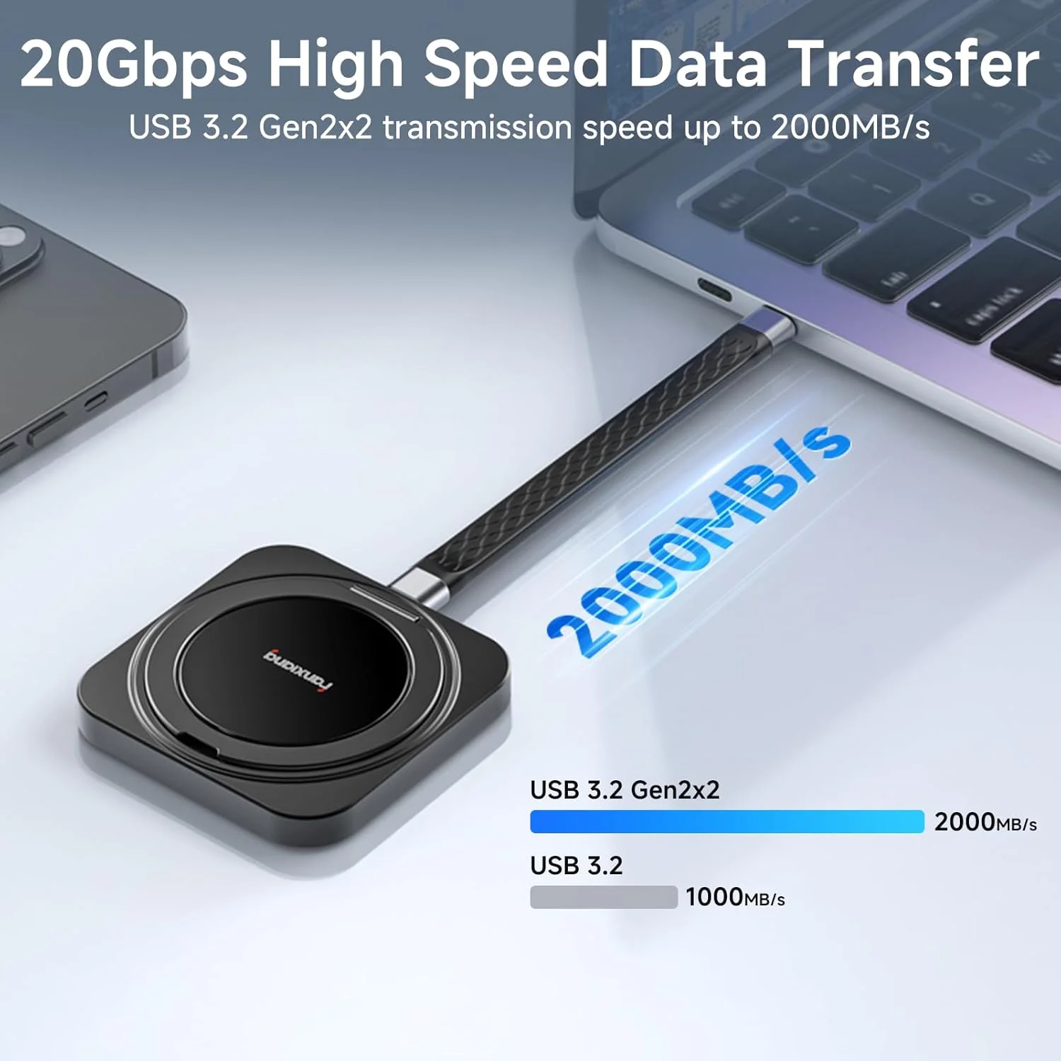 فن‌شیانگ SSD اکسترنال قابل حمل مغناطیسی 2 ترابایتی با پایه چرخان 360 درجه، سرعت تا 2000 مگابایت بر ثانیه، USB-C 3.2 Gen 2x2، سازگار با آیفون 15/16، اندروید، مک، کامپیوتر و تبلت‌ها