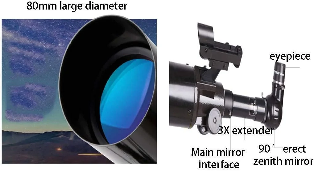 تلسکوپ منشوری ایستاده 90 درجه برای مبتدیان، تلسکوپ انکساری قابل حمل با کالیبر 80 میلی‌متری و فاصله کانونی 900 میلی‌متری، به همراه پایه و کیف حمل