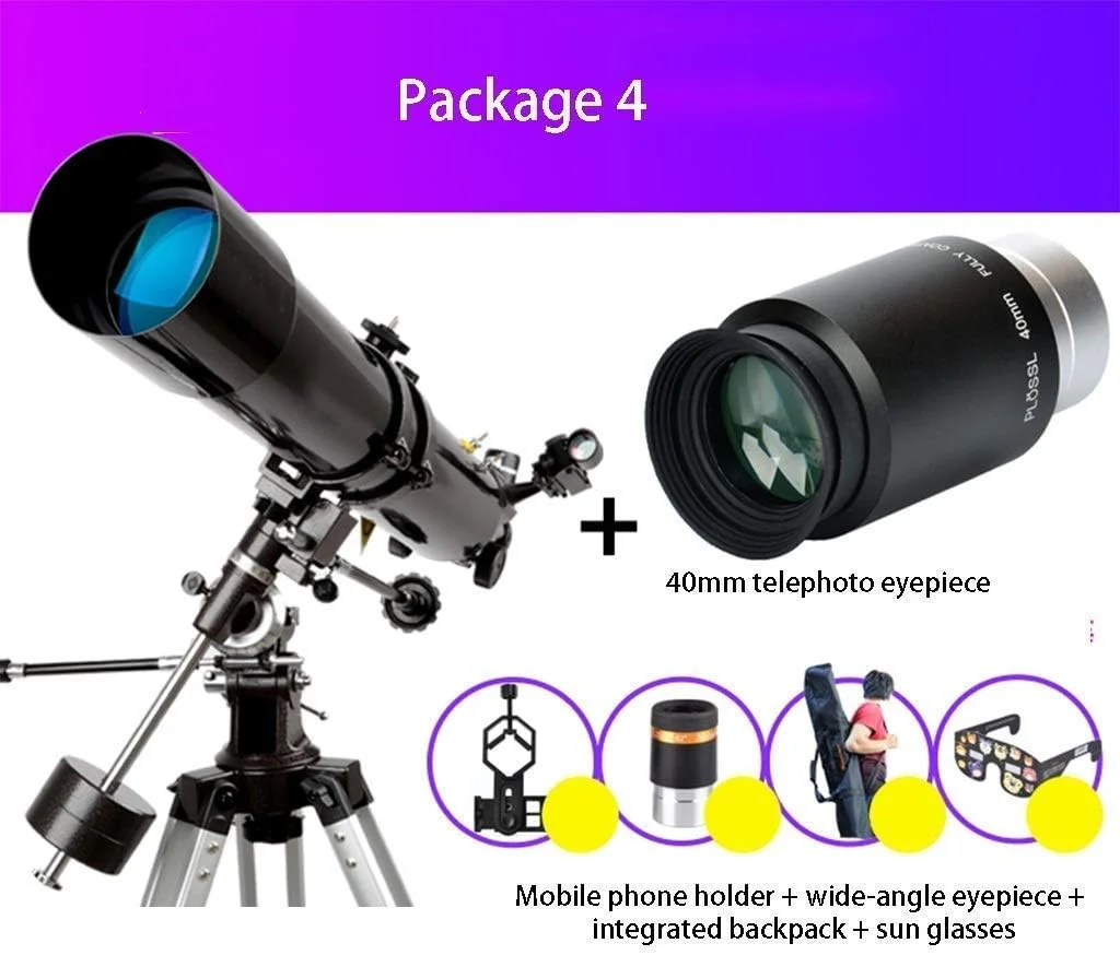 تلسکوپ منشوری ایستاده 90 درجه برای مبتدیان، تلسکوپ انکساری قابل حمل با کالیبر 80 میلی‌متری و فاصله کانونی 900 میلی‌متری، به همراه پایه و کیف حمل