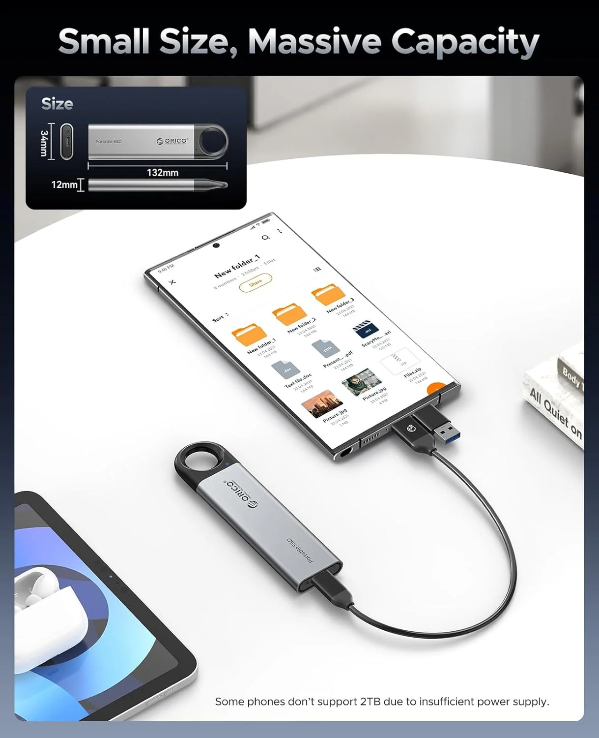 هارد اکسترنال SSD اوریکو 2 ترابایت تا 1050 مگابایت بر ثانیه، درایو حالت جامد قابل حمل با طراحی سوراخ آویز، کابل 2 در 1 USB C و A، ذخیره سازی مطمئن برای تلفن های هوشمند، تبلت ها، لپ تاپ های Type-C - مدل C10