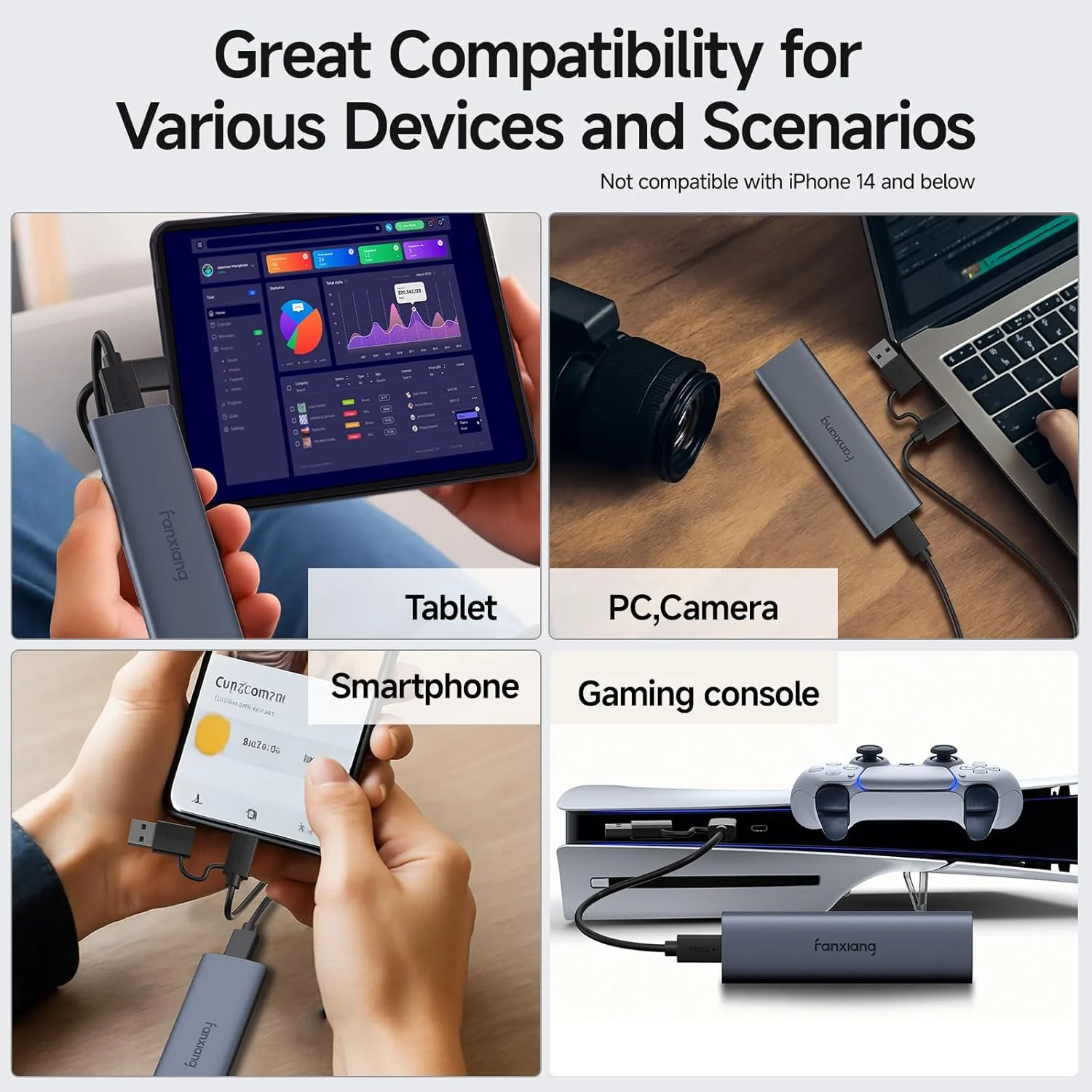 فنکسیانگ SSD اکسترنال 2 ترابایتی - درایو حالت جامد اکسترنال قابل حمل، 1000 مگابایت بر ثانیه، USB 3.2 Gen2 Type-C، آلیاژ آلومینیوم، هارد درایو اکسترنال برای آیفون 15/16، اندروید، مک، ویندوز - PS1008