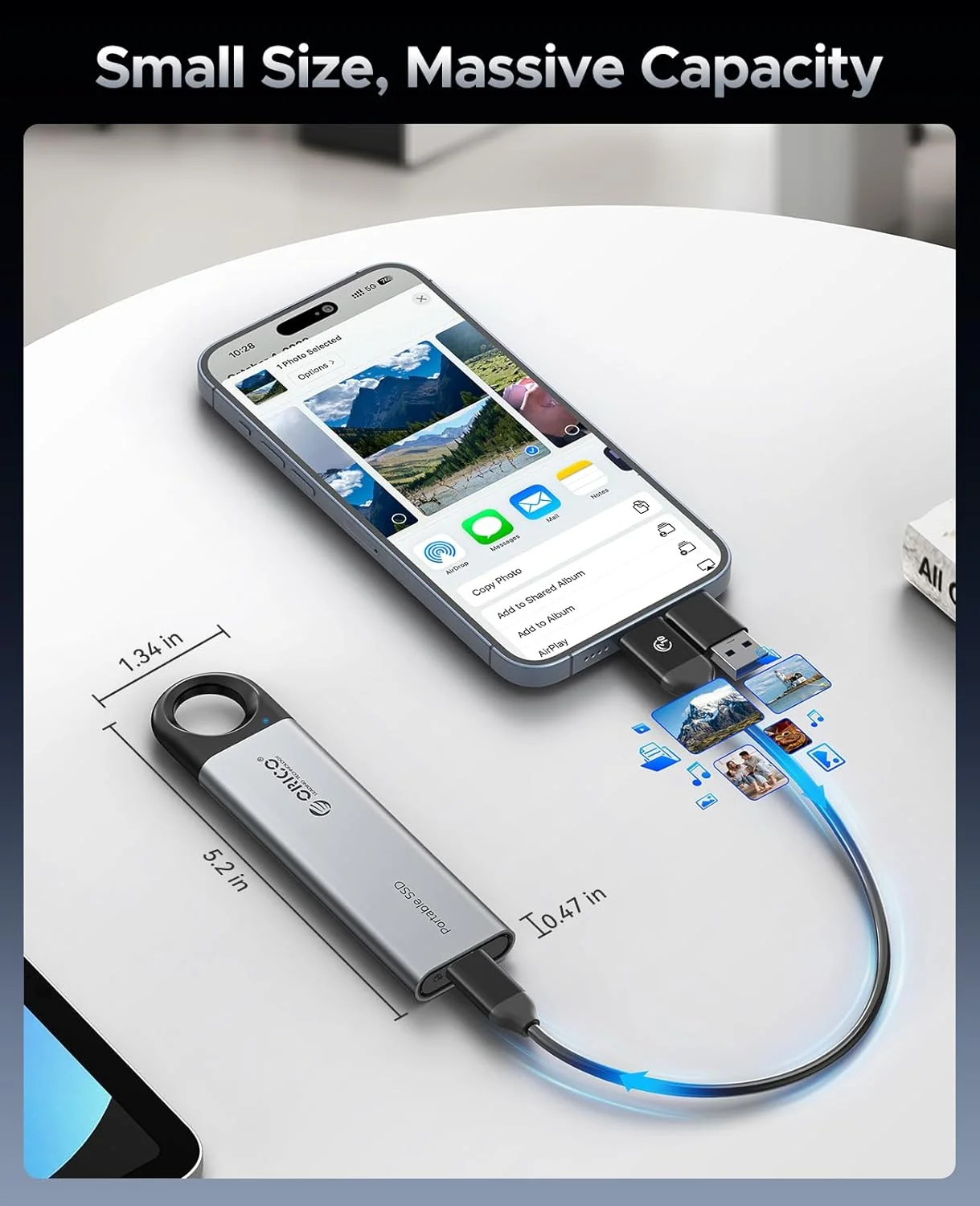 اس اس دی اکسترنال 512 گیگابایتی ORICO با سرعت انتقال تا 1050 مگابایت بر ثانیه، طراحی سوراخ آویز، درایو حالت جامد قابل حمل، کابل USB C&A 2 در 1، ذخیره سازی مطمئن برای تلفن های هوشمند، تبلت ها و لپ تاپ های Type-C - مدل C10