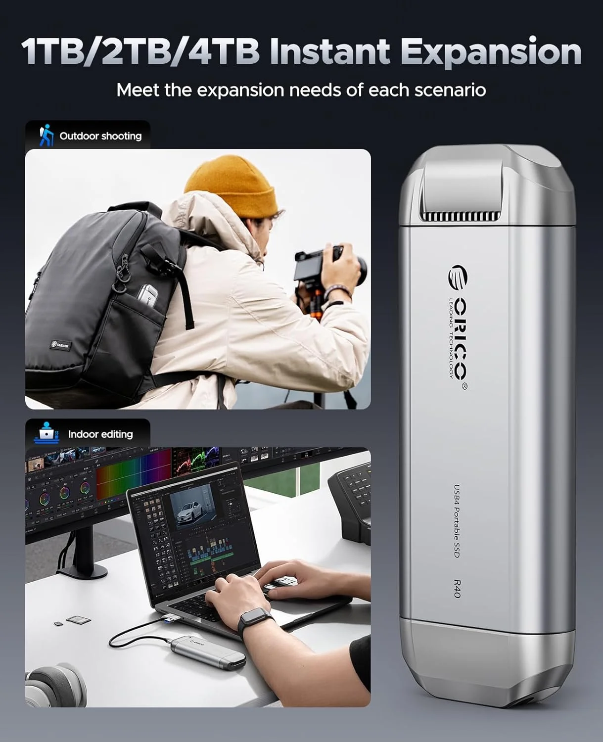 حافظه اس اس دی اکسترنال 2 ترابایتی اوریکو با سرعت 3700 مگابایت بر ثانیه، سازگار با تاندربولت 4/3 و USB4.0 برای 40 گیگابیت بر ثانیه، درایو حالت جامد قابل حمل با کابل USB C دو در یک، ذخیره سازی مطمئن برای تلفن های هوشمند، تبلت ها، کامپیوترها و مک های USB-C، مدل PSSD - R40