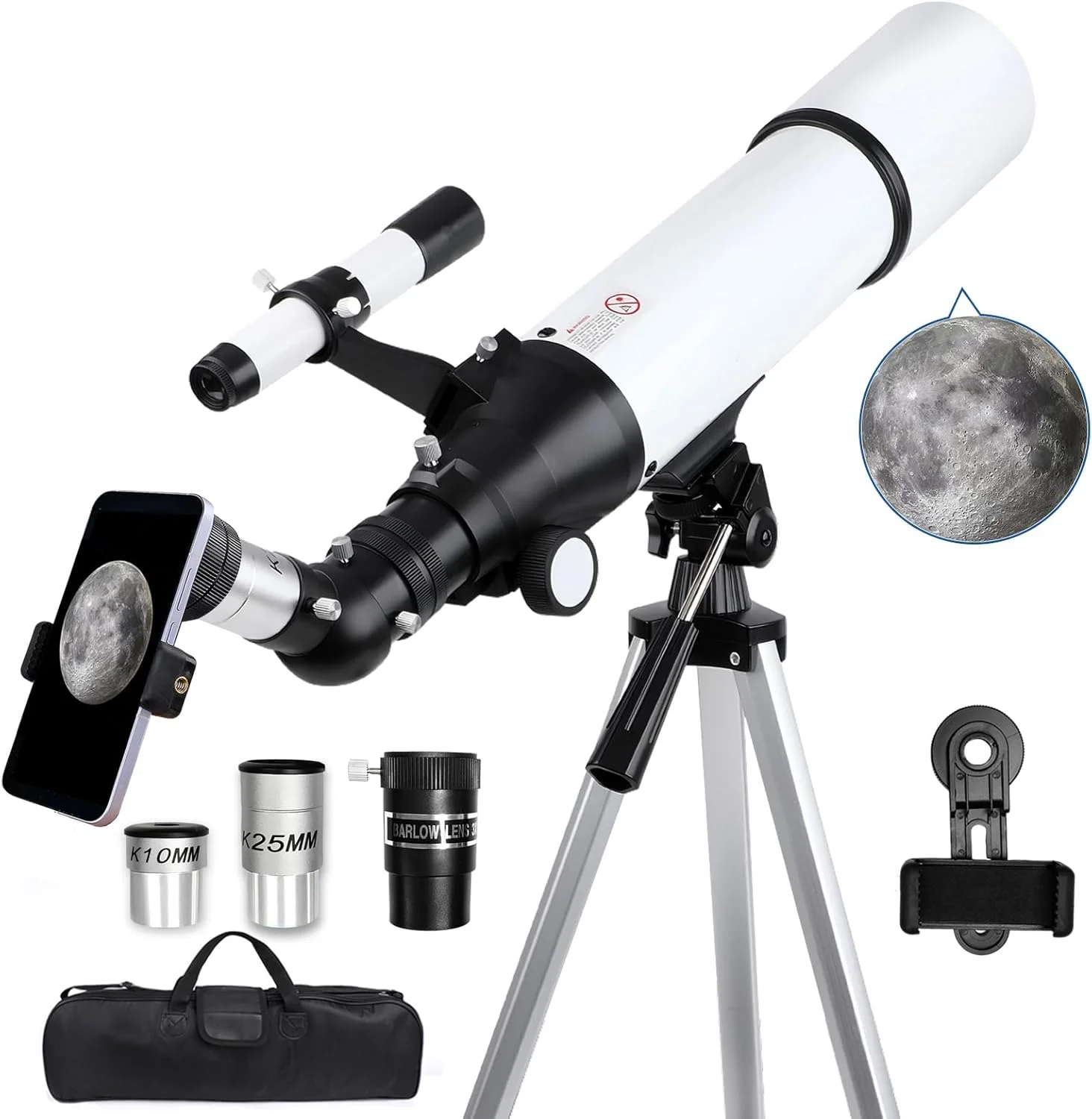 تلسکوپ نجومی شکستی با دهانه 80 میلی‌متری و فاصله کانونی 600 میلی‌متری مناسب کودکان و مبتدیان به همراه سه پایه و کیف حمل، قابل حمل برای مسافرت