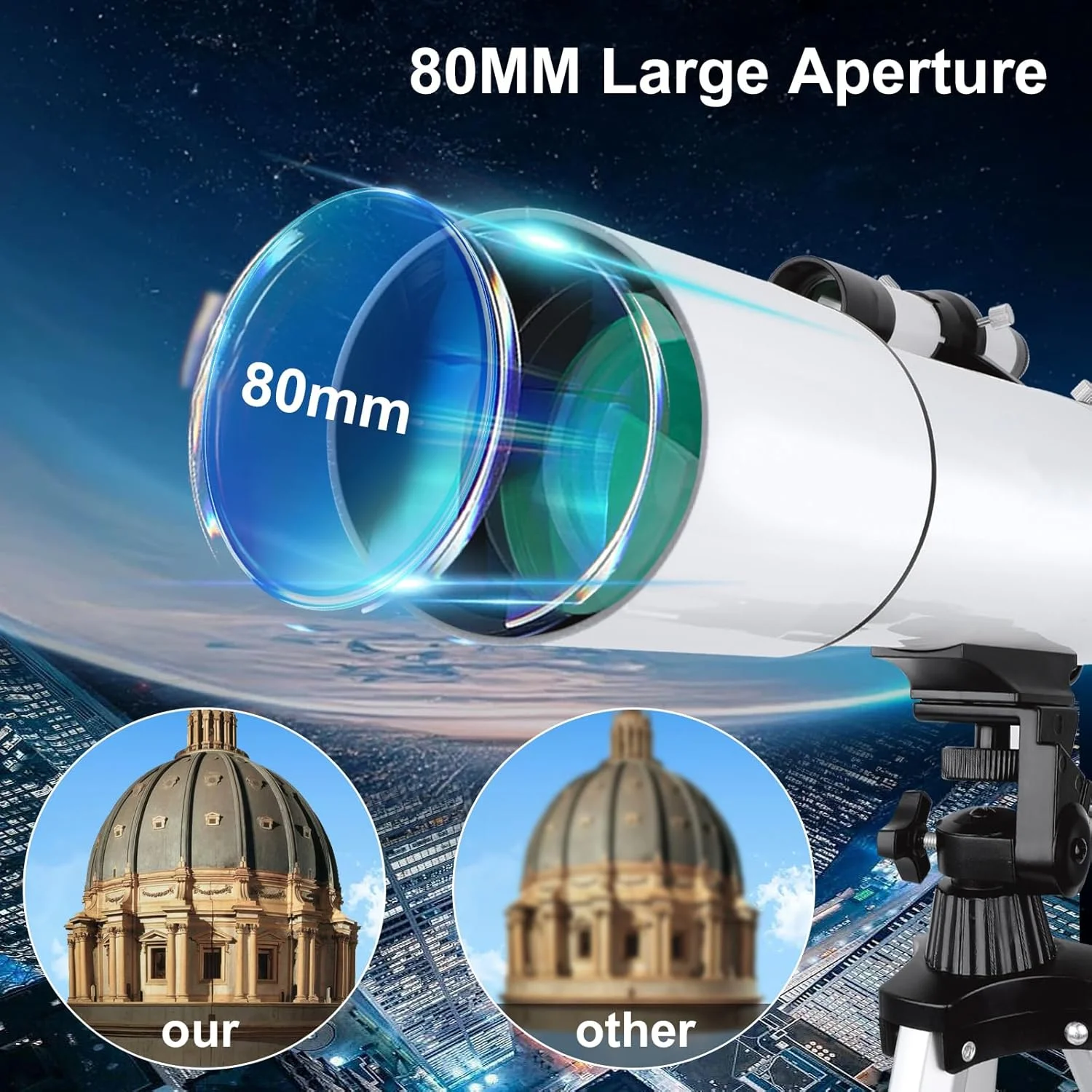 تلسکوپ نجومی شکستی با دهانه 80 میلیمتری و فاصله کانونی 600 میلیمتری مناسب کودکان و مبتدیان به همراه سه پایه و کیف حمل، قابل حمل برای مسافرت تلسکوپ نجومی شکستی با دهانه 80 میلیمتری و فاصله کانونی 600 میلیمتری مناسب کودکان و مبتدیان به همراه سه پایه و کیف حمل، قابل حمل برای مسافرت