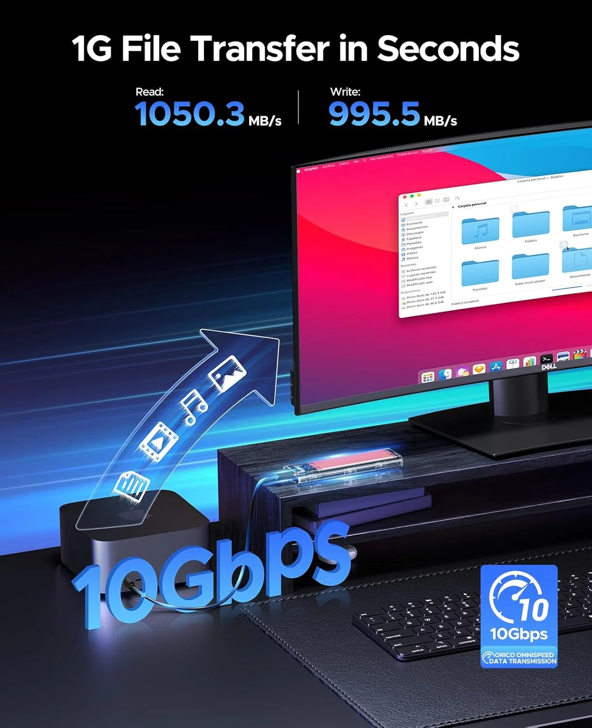 محفظه SSD اکسترنال NVMe M.2 اوریکو، USB 3.2 Gen 2 (10 گیگابیت بر ثانیه)، آداپتور درایو حالت جامد شفاف برای SSD های PCI-E M2 M-Key در اندازه های 2280 2260 2242 2230، کیس تبدیل USB Type C - مدل TCM2 مشکی