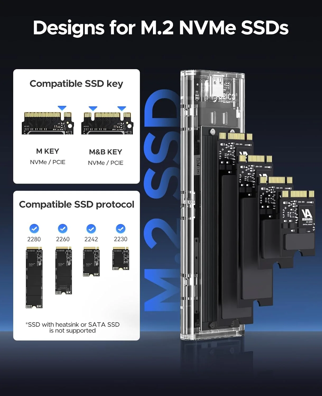 محفظه SSD اکسترنال NVMe M.2 اوریکو، USB 3.2 Gen 2 (10 گیگابیت بر ثانیه)، آداپتور درایو حالت جامد شفاف برای SSD های PCI-E M2 M-Key در اندازه های 2280 2260 2242 2230، کیس تبدیل USB Type C - مدل TCM2 مشکی