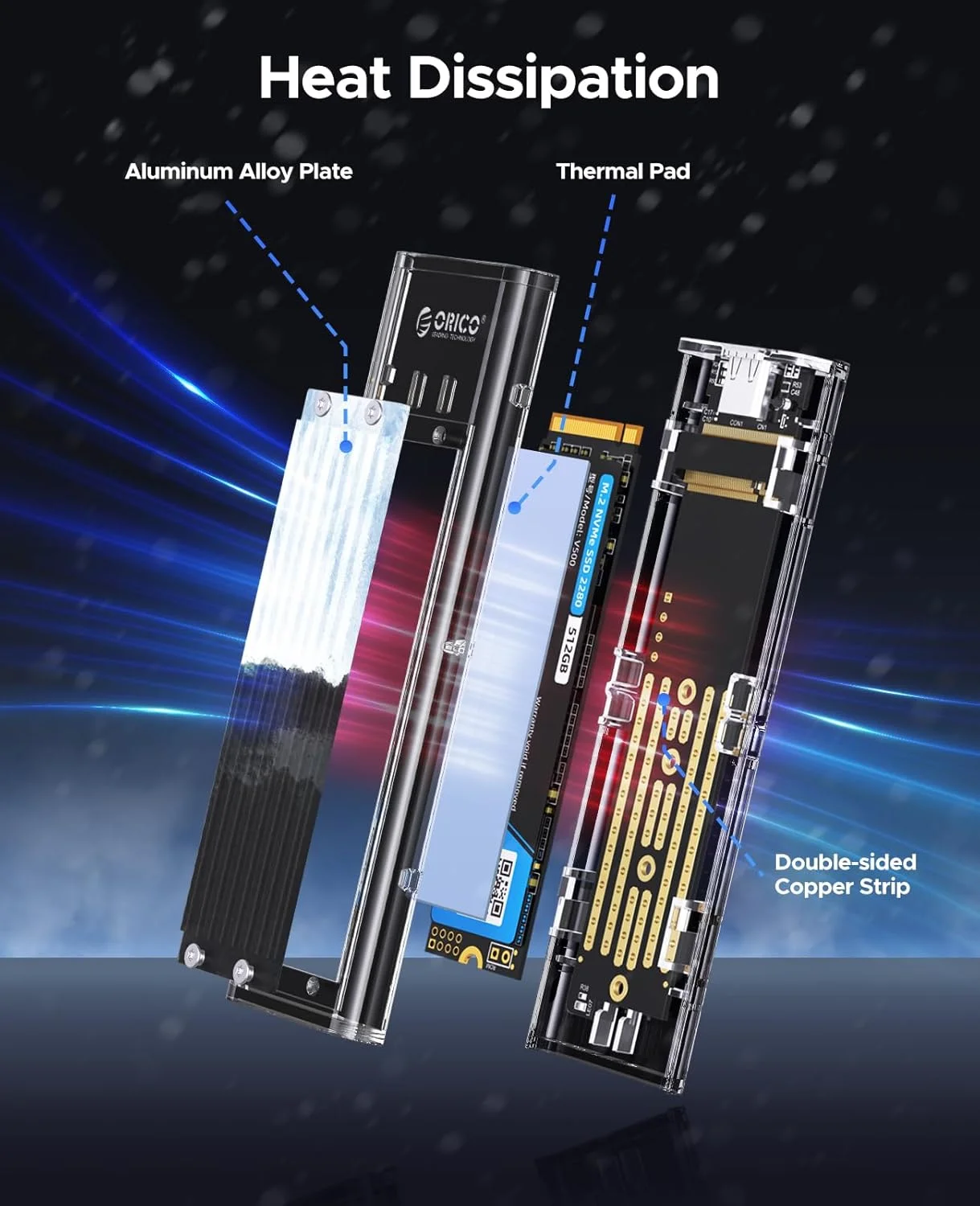 محفظه SSD اکسترنال NVMe M.2 اوریکو، USB 3.2 Gen 2 (10 گیگابیت بر ثانیه)، آداپتور درایو حالت جامد شفاف برای SSD های PCI-E M2 M-Key در اندازه های 2280 2260 2242 2230، کیس تبدیل USB Type C - مدل TCM2 مشکی