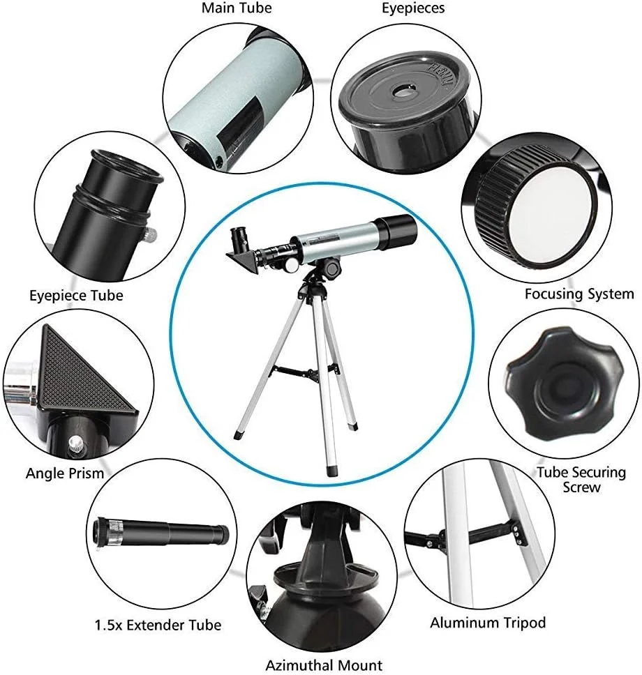تلسکوپ های TEmkin برای نجوم، تلسکوپ شکستنی جمع و جور برای کودکان، بزرگسالان و مبتدیان نجوم به همراه سه پایه، آینه سمت الراس و چشمی
