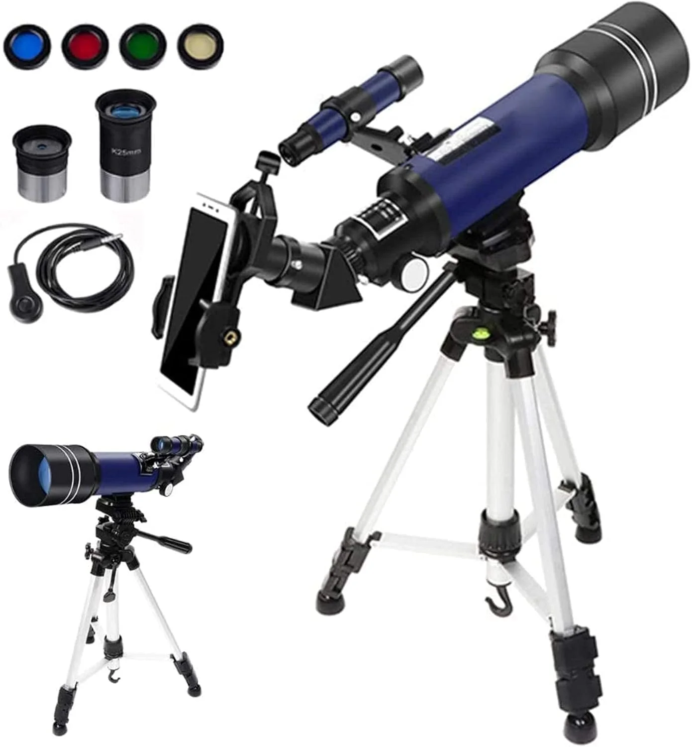تلسکوپ نجومی 70 میلی‌متری HD شکستی با سه‌پایه قابل تنظیم، شاتر عکس و فیلتر ماه، مناسب برای بزرگسالان و کودکان