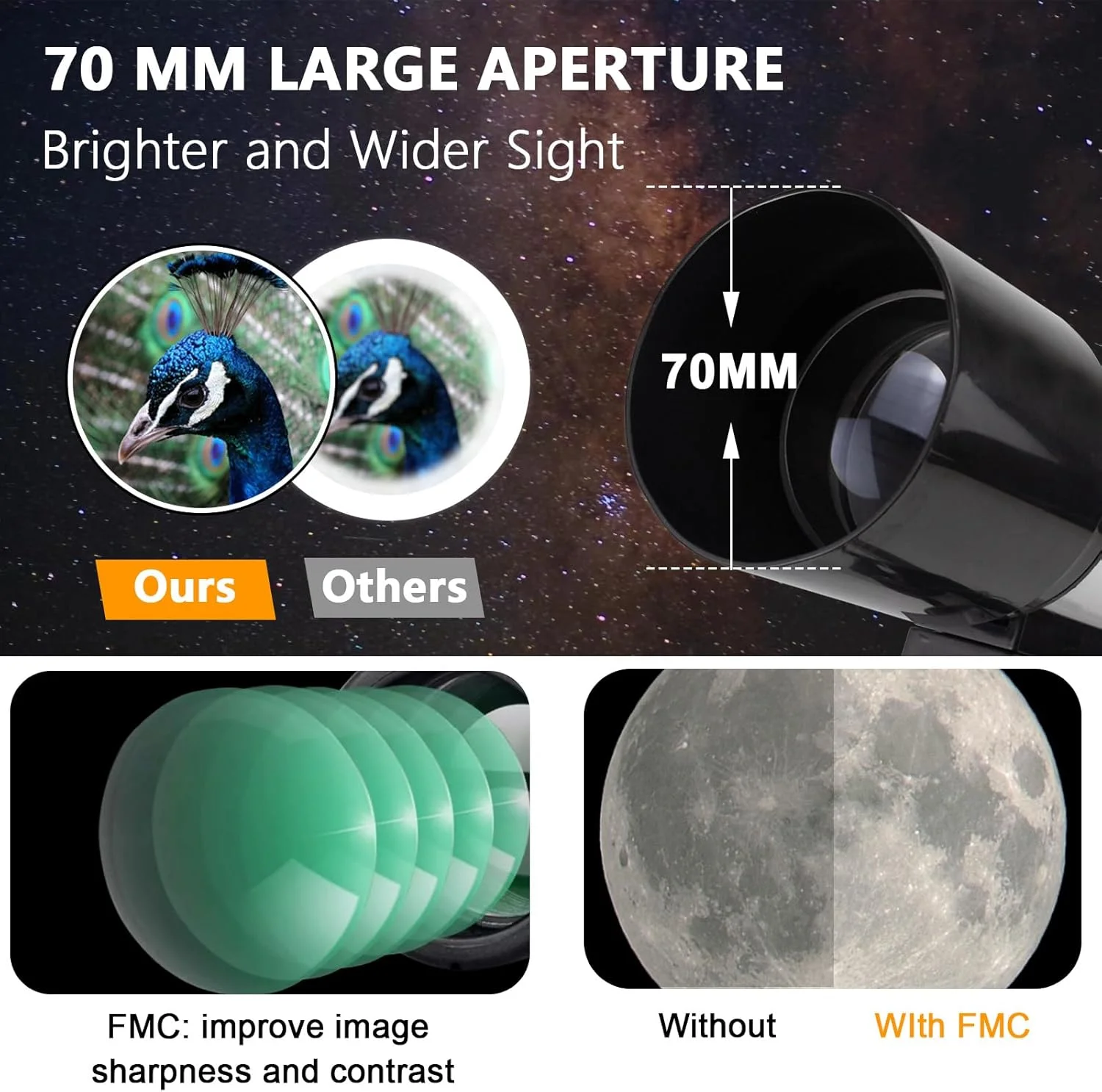تلسکوپ مبتدی کودکان، تلسکوپ مسافرتی حرفه ای شکستنی نجومی 70 میلی متری با سه پایه، تلسکوپ قابل حمل برای کودکان و بزرگسالان (سفید)