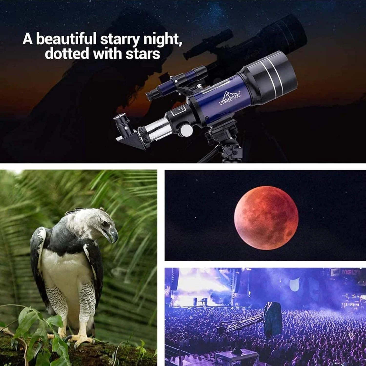 تلسکوپ نجومی 70 میلی‌متری HD شکستی با سه‌پایه قابل تنظیم، شاتر عکس و فیلتر ماه، مناسب برای بزرگسالان و کودکان