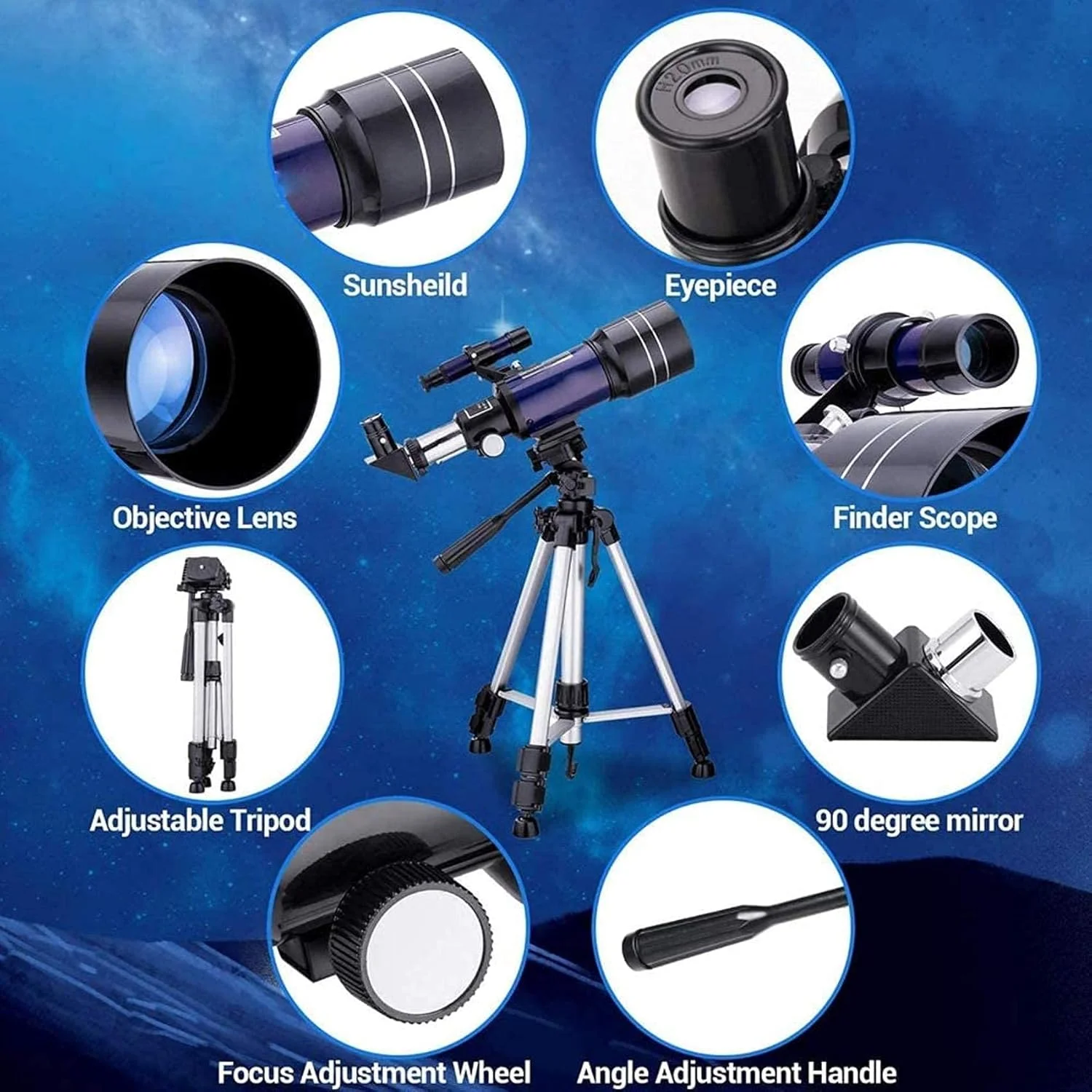 تلسکوپ نجومی 70 میلی‌متری HD شکستی با سه‌پایه قابل تنظیم، شاتر عکس و فیلتر ماه، مناسب برای بزرگسالان و کودکان