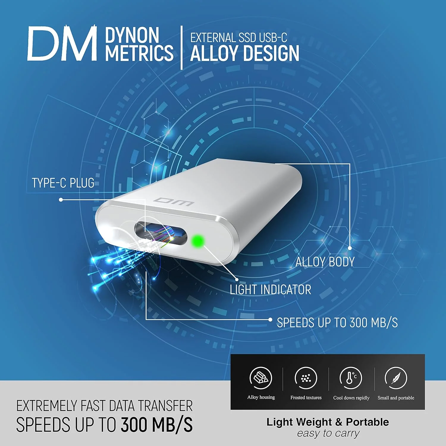 حافظه اس اس دی اکسترنال – اس اس دی قابل حمل USB-C با کابل استاندارد USB-A و C – اس اس دی اکسترنال آلیاژ با مقاومت بالا – انتقال سریع داده 300 مگابایت بر ثانیه – درایو حالت جامد جیبی 1 ترابایت