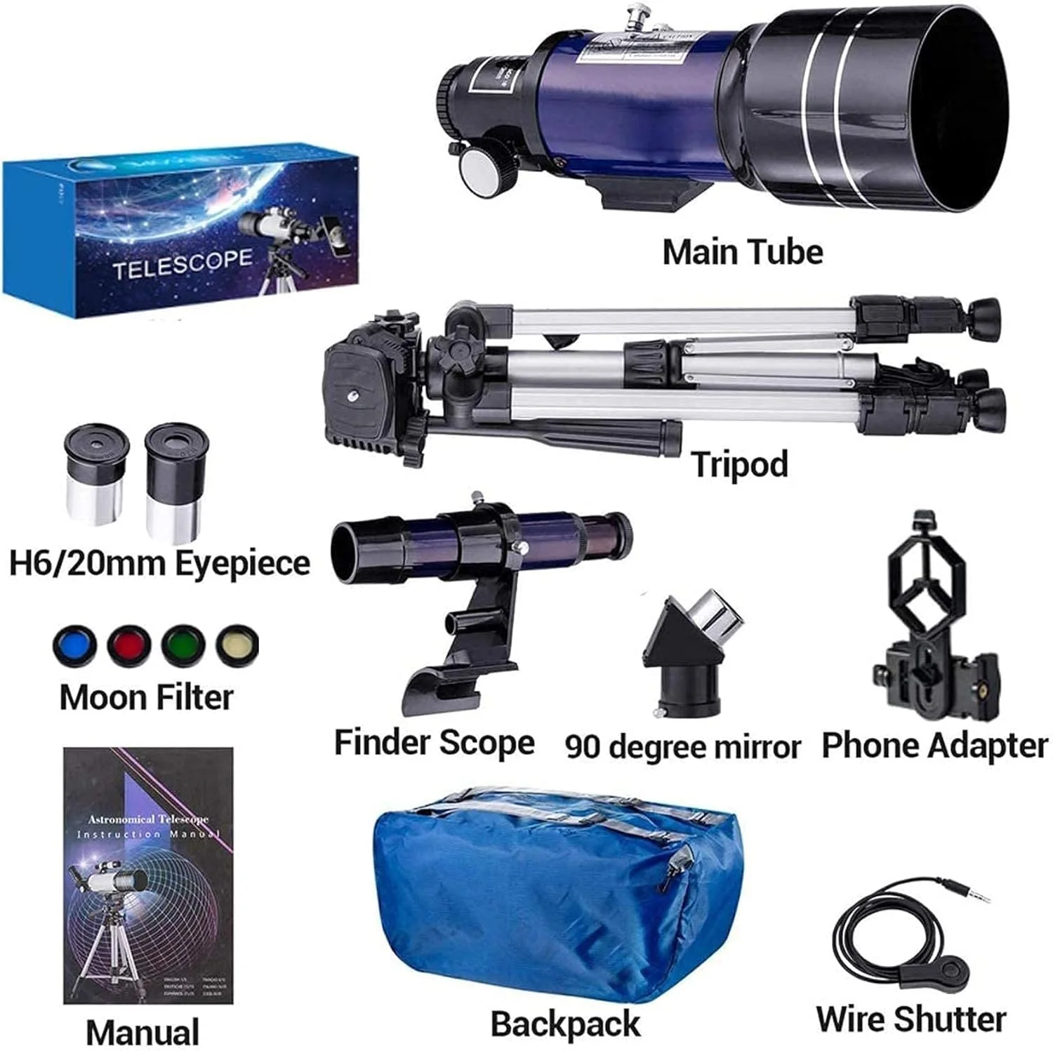 تلسکوپ نجومی 70 میلی‌متری HD شکستی با سه‌پایه قابل تنظیم، شاتر عکس و فیلتر ماه، مناسب برای بزرگسالان و کودکان