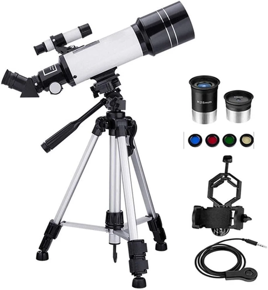 تلسکوپ تک چشمی نجومی قابل حمل تمکین با سه پایه قابل تنظیم و آداپتور تلفن همراه و فیلتر ماه، تلسکوپ انکساری برای کودکان، بزرگسالان و مبتدیان، هدیه فضایی ایده آل تولد (سفید)