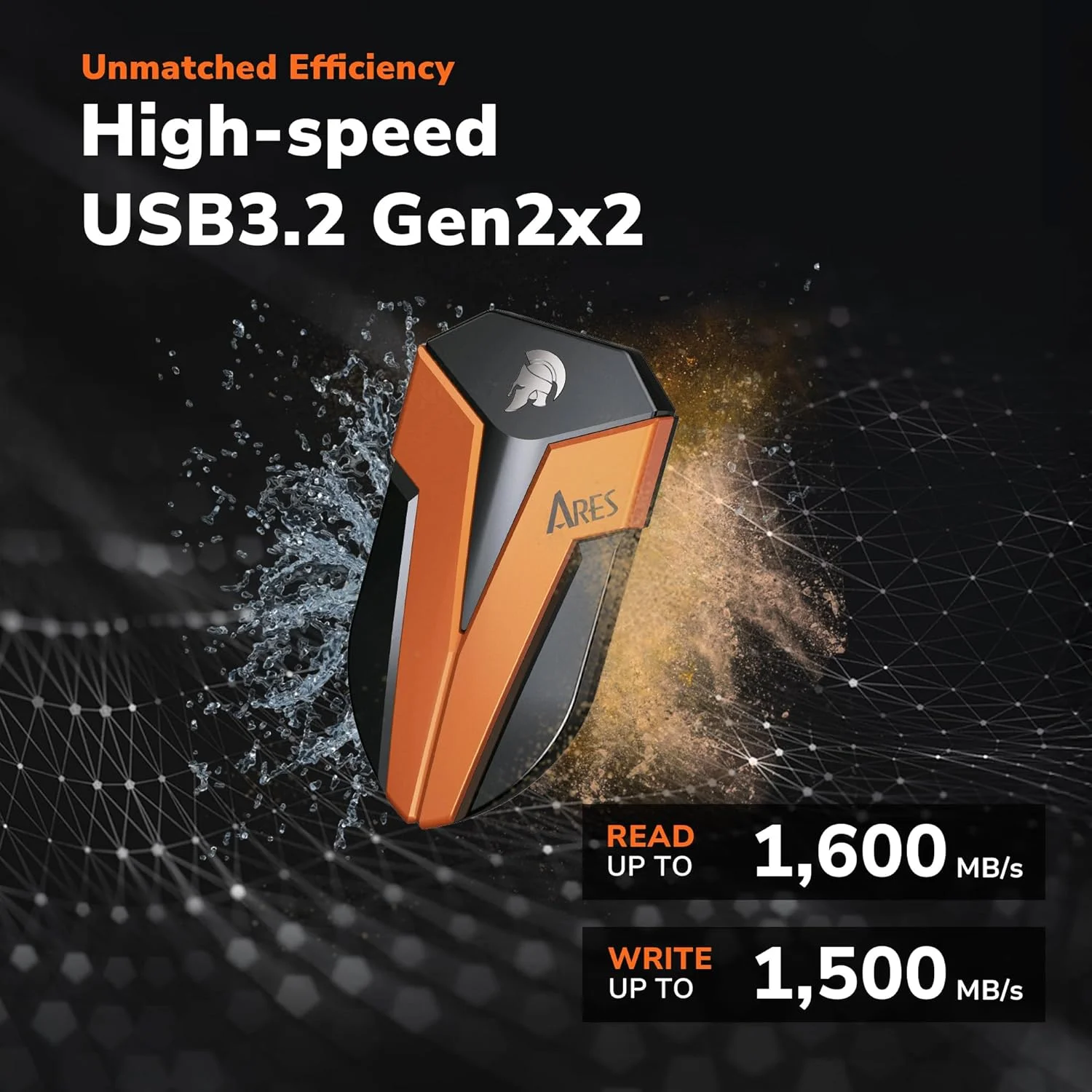 حافظه اس اس دی اکسترنال دیتو ۱ ترابایت، ARES Amber Shield قابل حمل با LED، سرعت تا ۱۶۰۰/۱۵۰۰ مگابایت بر ثانیه، پشتیبانی از OTG، ضد آب USB 3.2 Gen 2x2 Type C مقاوم