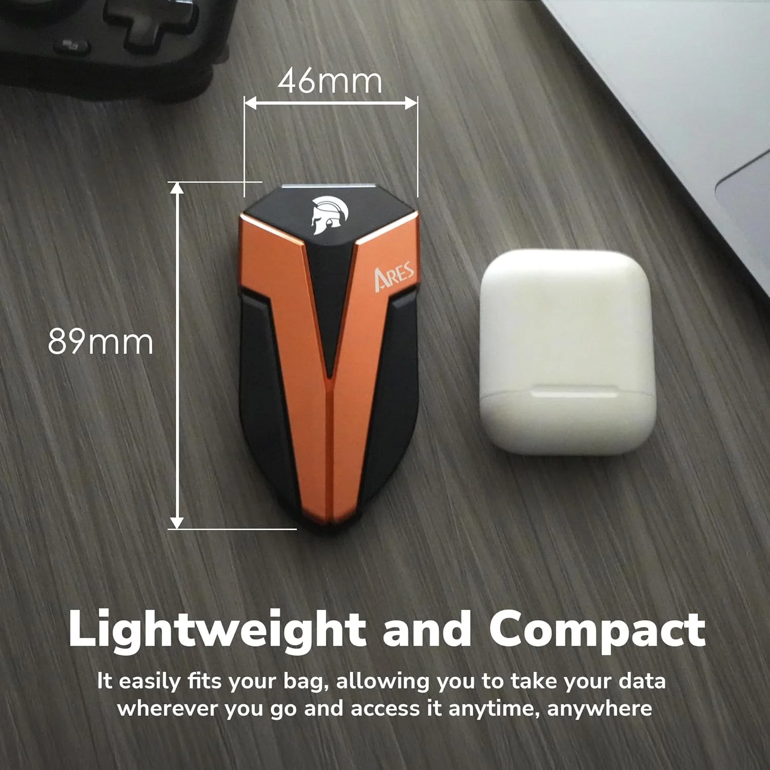 حافظه اس اس دی اکسترنال دیتو ۱ ترابایت، ARES Amber Shield قابل حمل با LED، سرعت تا ۱۶۰۰/۱۵۰۰ مگابایت بر ثانیه، پشتیبانی از OTG، ضد آب USB 3.2 Gen 2x2 Type C مقاوم