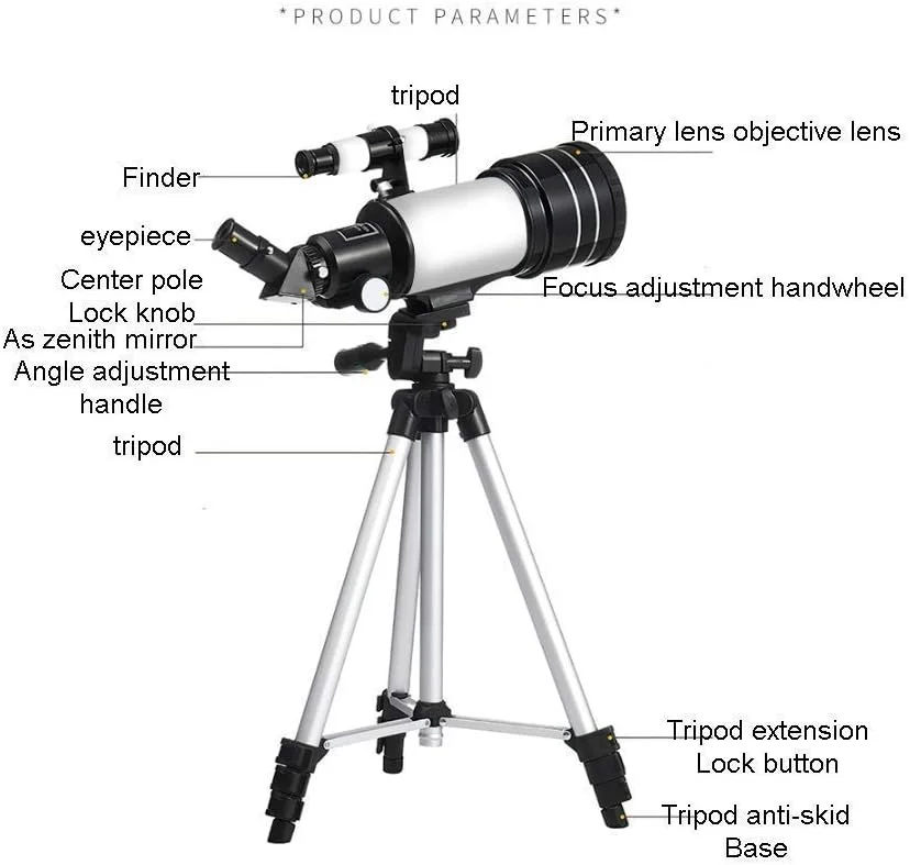 تلسکوپ مسافرتی، تلسکوپ نجومی 70 میلی‌متری شکستنی برای کودکان، بزرگسالان و مبتدیان به همراه کیف قابل حمل و پایه