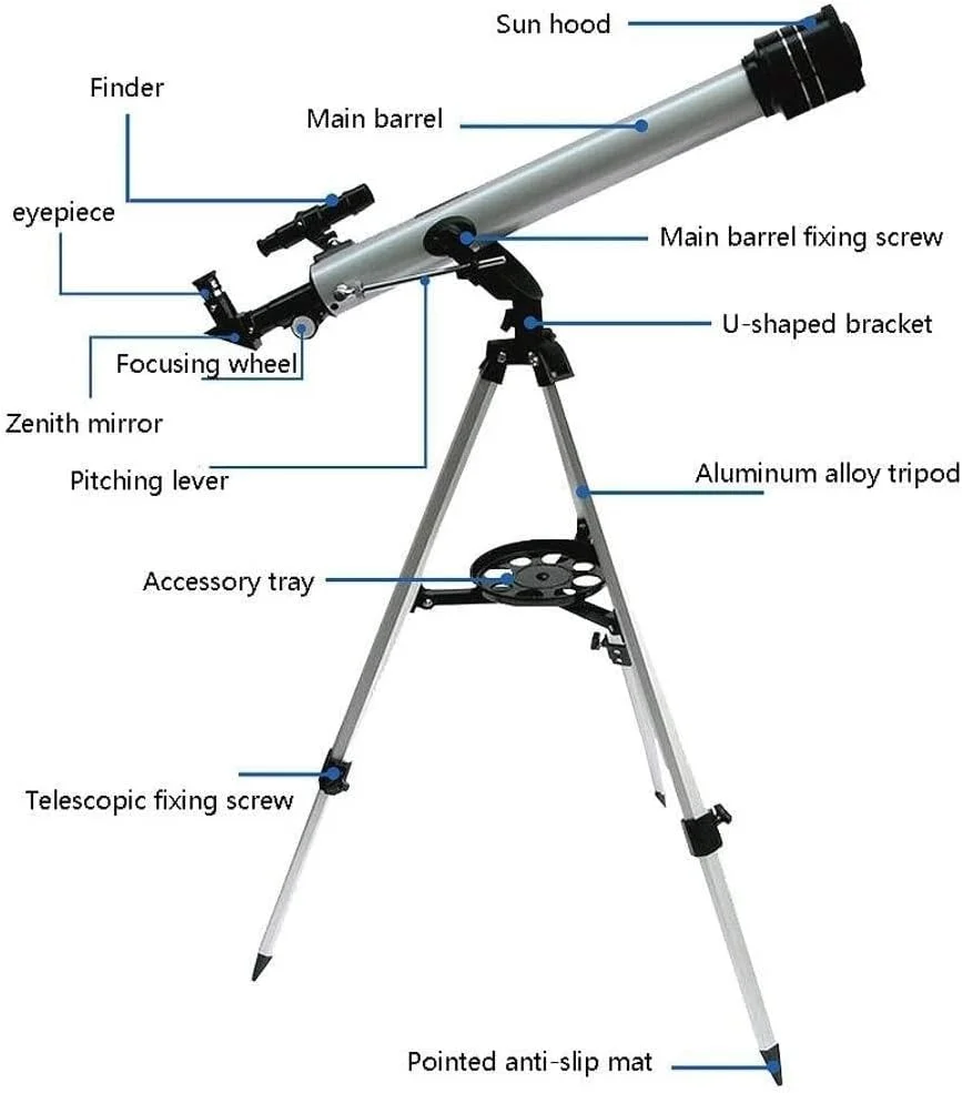تلسکوپ تک لوله ای نجومی با بزرگنمایی ۵۲۵ برابر، تلسکوپ انکساری ۶۰۷۰۰ مناسب برای ستاره شناسی حرفه ای و مبتدیان، به همراه پایه آلومینیومی