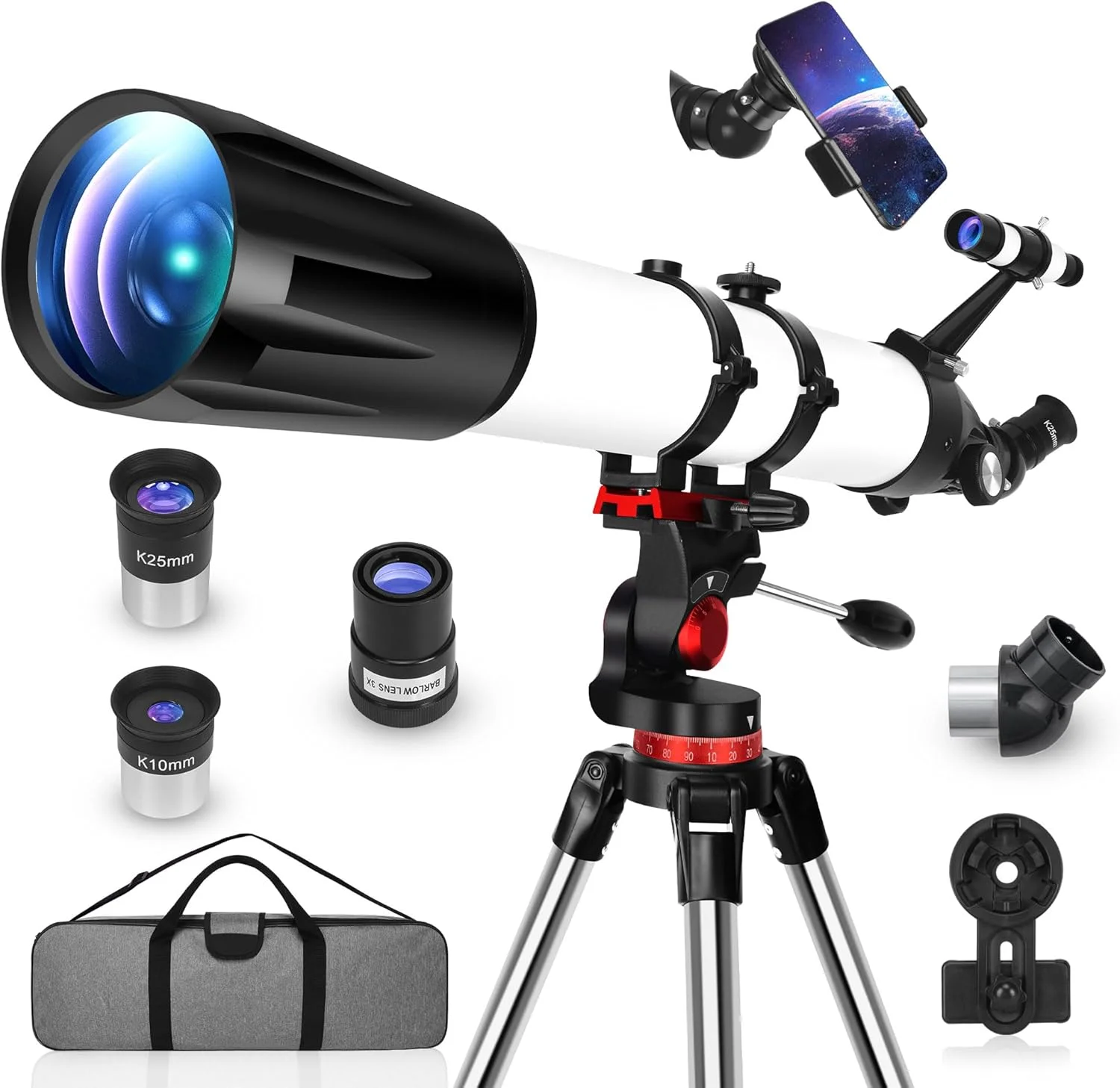 تلسکوپ، تلسکوپ های نجومی حرفه ای با دیافراگم 90 میلی متری و فاصله کانونی 800 میلی متری برای مبتدیان، بزرگنمایی 240X، برای رصد سیارات به همراه کیف حمل و آداپتور تلفن