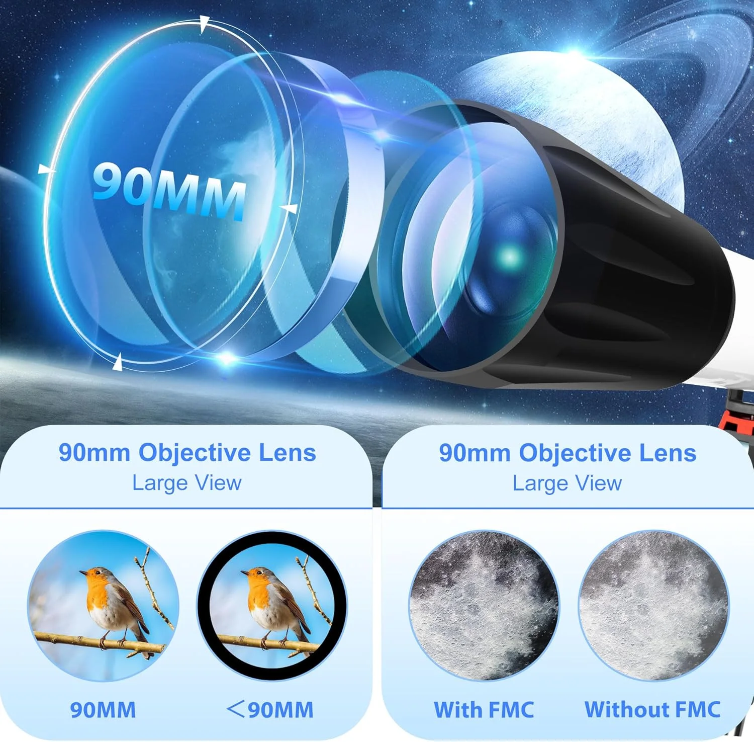 تلسکوپ، تلسکوپ های نجومی حرفه ای با دیافراگم 90 میلی متری و فاصله کانونی 800 میلی متری برای مبتدیان، بزرگنمایی 240X، برای رصد سیارات به همراه کیف حمل و آداپتور تلفن