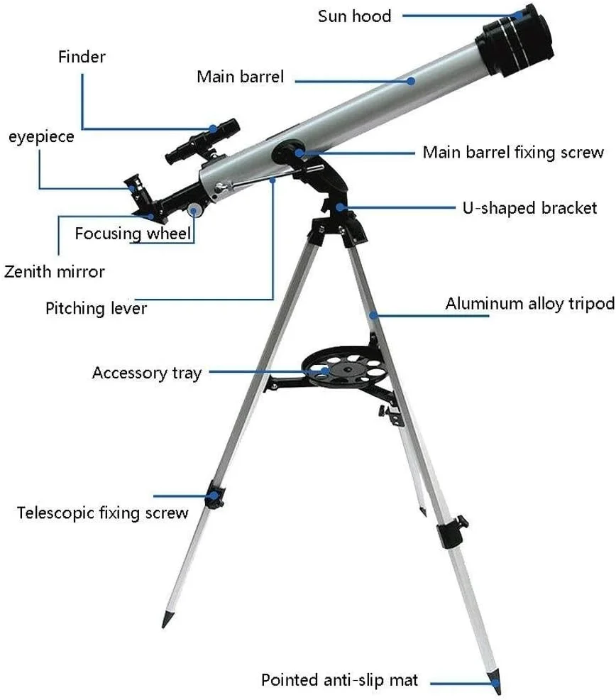تلسکوپ تک لوله ای نجومی با بزرگنمایی 525 برابر، تلسکوپ های انکساری 60700 برای ستاره نگری حرفه ای و مبتدیان نجوم، به همراه پایه آلیاژ آلومینیوم