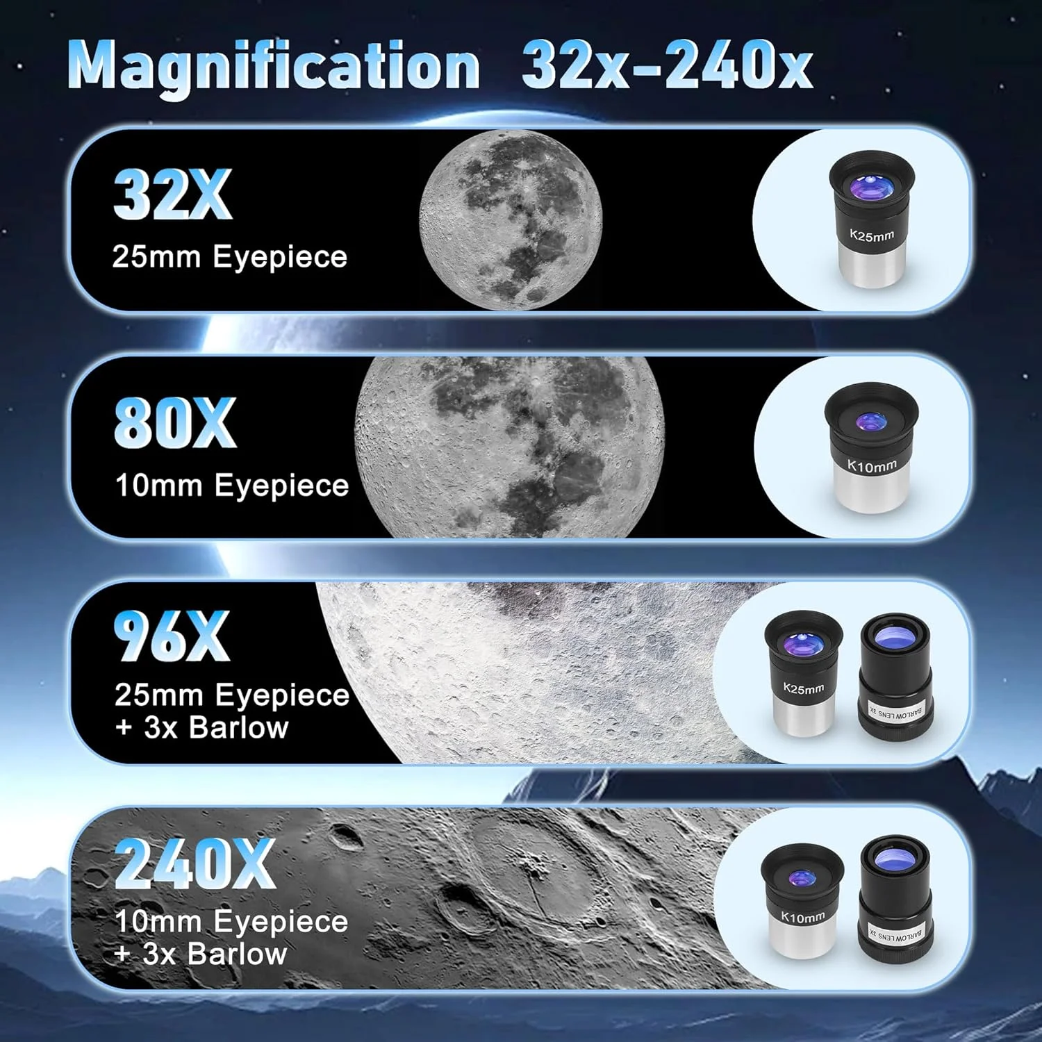 تلسکوپ، تلسکوپ های نجومی حرفه ای با دیافراگم 90 میلی متری و فاصله کانونی 800 میلی متری برای مبتدیان، بزرگنمایی 240X، برای رصد سیارات به همراه کیف حمل و آداپتور تلفن