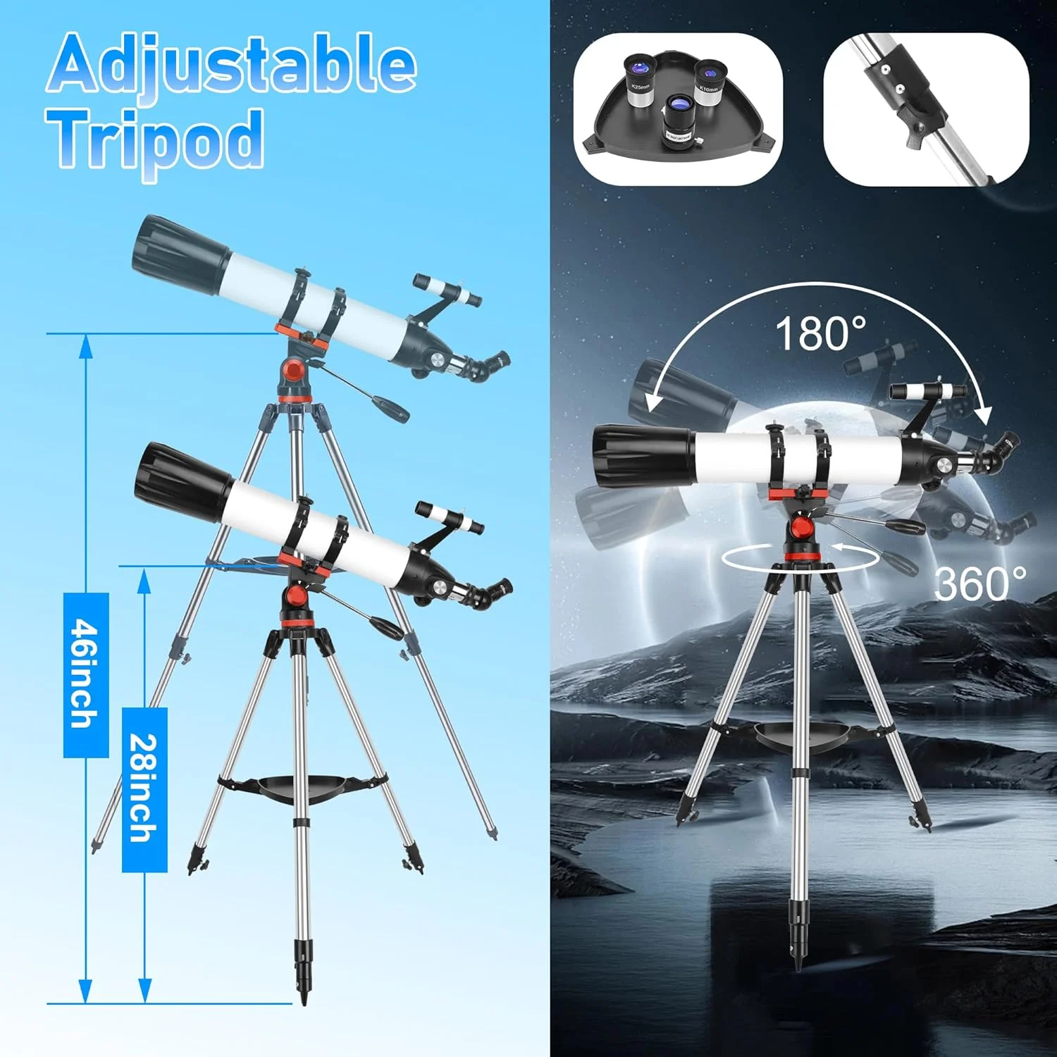 تلسکوپ، تلسکوپ های نجومی حرفه ای با دیافراگم 90 میلی متری و فاصله کانونی 800 میلی متری برای مبتدیان، بزرگنمایی 240X، برای رصد سیارات به همراه کیف حمل و آداپتور تلفن