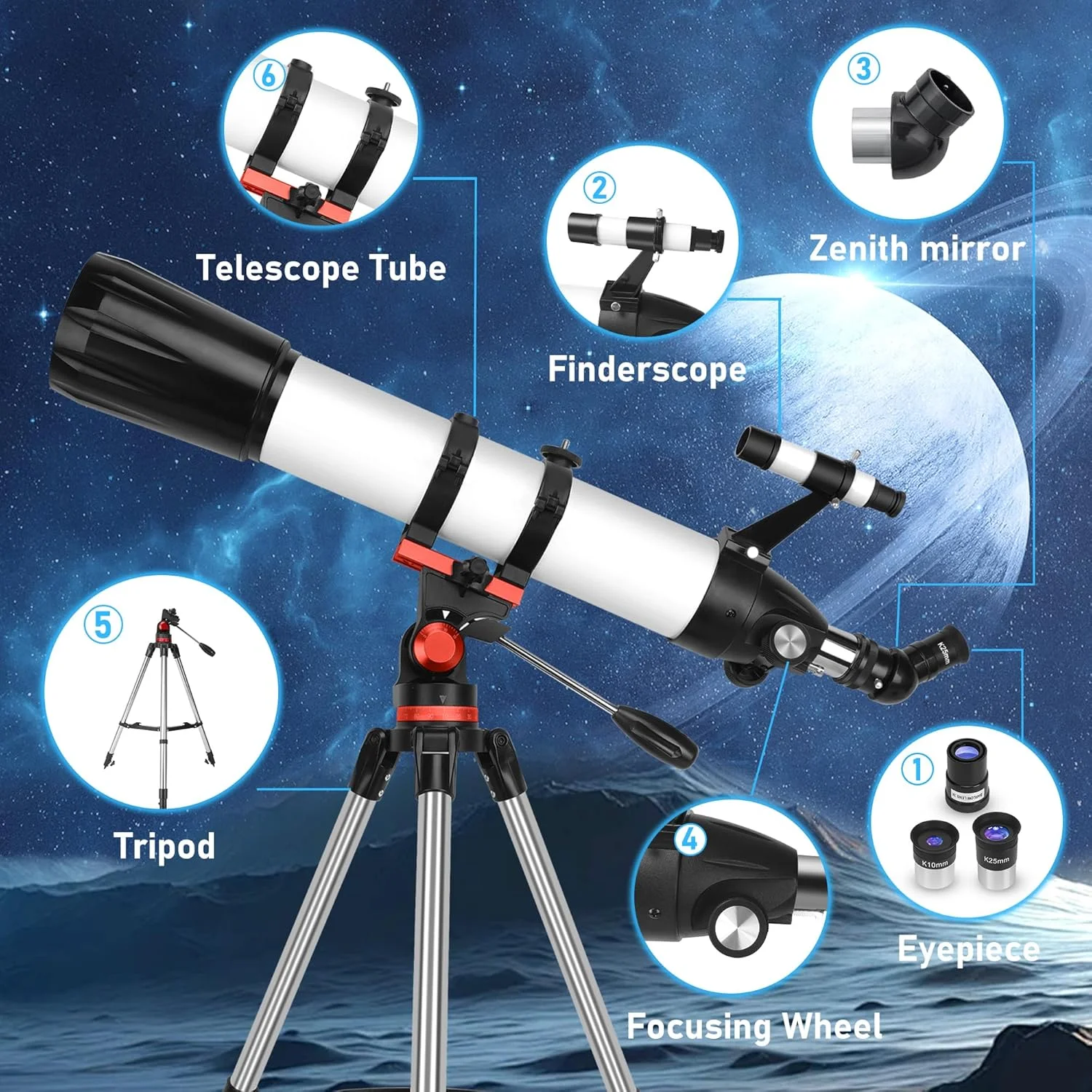 تلسکوپ، تلسکوپ های نجومی حرفه ای با دیافراگم 90 میلی متری و فاصله کانونی 800 میلی متری برای مبتدیان، بزرگنمایی 240X، برای رصد سیارات به همراه کیف حمل و آداپتور تلفن