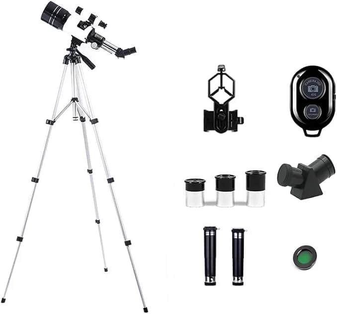 تلسکوپ با دهانه 70 میلی‌متری (15X-150X) تلسکوپ‌های شکستنی قابل حمل برای بزرگسالان/مبتدیان نجوم، تلسکوپ مسافرتی حرفه‌ای 300 میلی‌متری با آداپتور تلفن هوشمند، ریموت کنترل بی‌سیم، فیلتر خورشیدی (سفید)