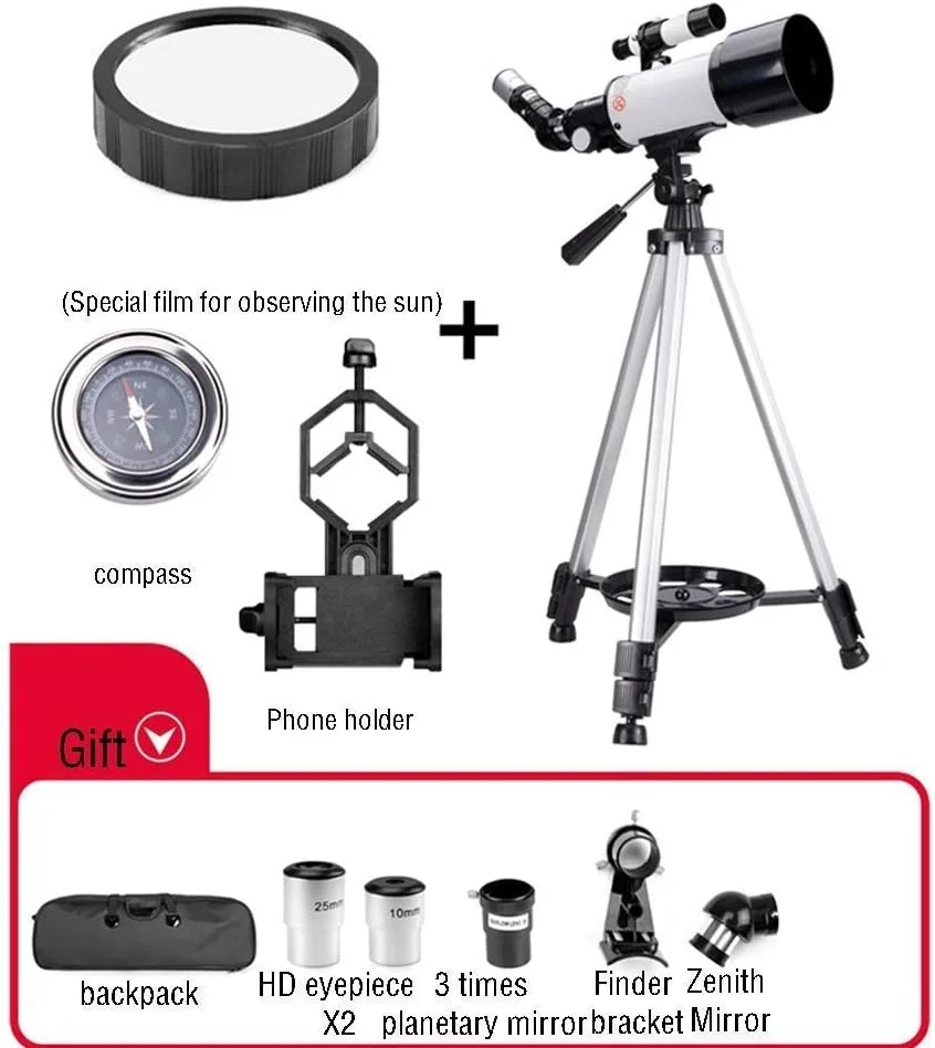 تلسکوپ انکساری، دهانه 70 میلی‌متری، پایه AZ 400 میلی‌متری، تلسکوپ شکست نور نجومی برای کودکان و مبتدیان، تلسکوپ مسافرتی قابل حمل با پایه