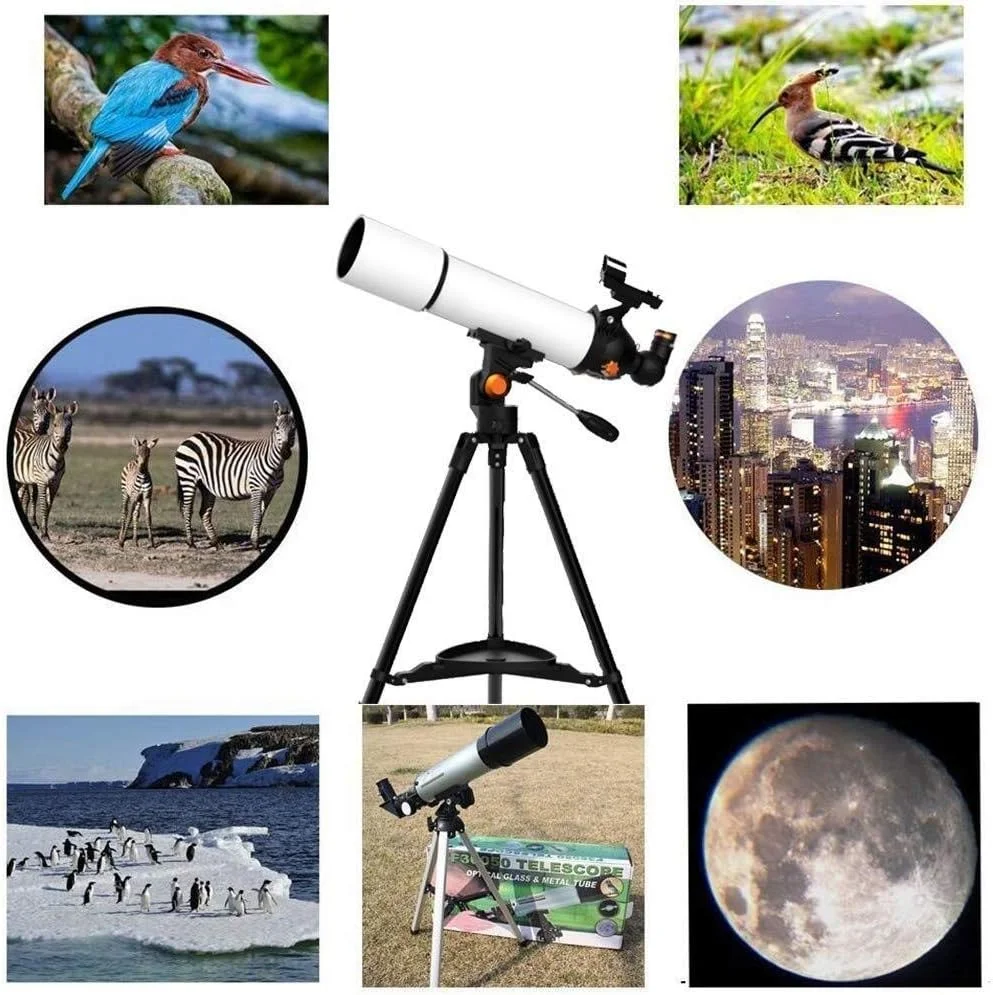 تلسکوپ مسافرتی انکساری 80 میلی‌متری با پایه قابل تنظیم و آداپتور تلفن هوشمند، برای تماشای ستارگان