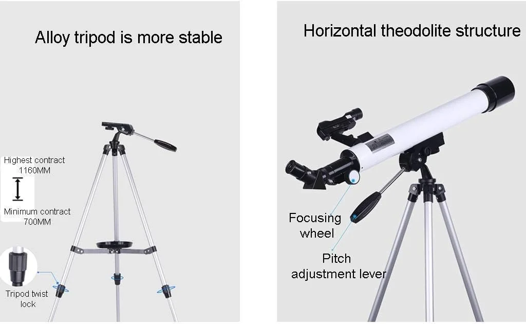تلسکوپ منکسری قابل حمل، هدیه ای عالی برای نجوم کودکان برای کاوش در فضا و ماه، تلسکوپ با دیافراگم 50 میلی متری برای نجوم