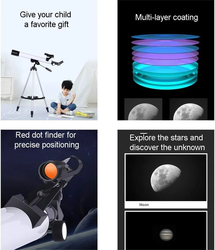 تلسکوپ منکسری قابل حمل، هدیه ای عالی برای نجوم کودکان برای کاوش در فضا و ماه، تلسکوپ با دیافراگم 50 میلی متری برای نجوم