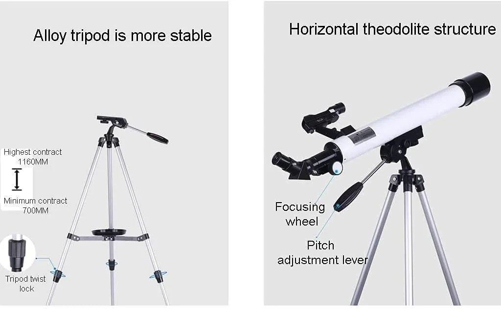 تلسکوپ، تلسکوپ انکساری قابل حمل، هدیه بزرگ نجومی برای کودکان برای کاوش در فضا و ماه، تلسکوپ با دیافراگم 50 میلی‌متری برای نجوم