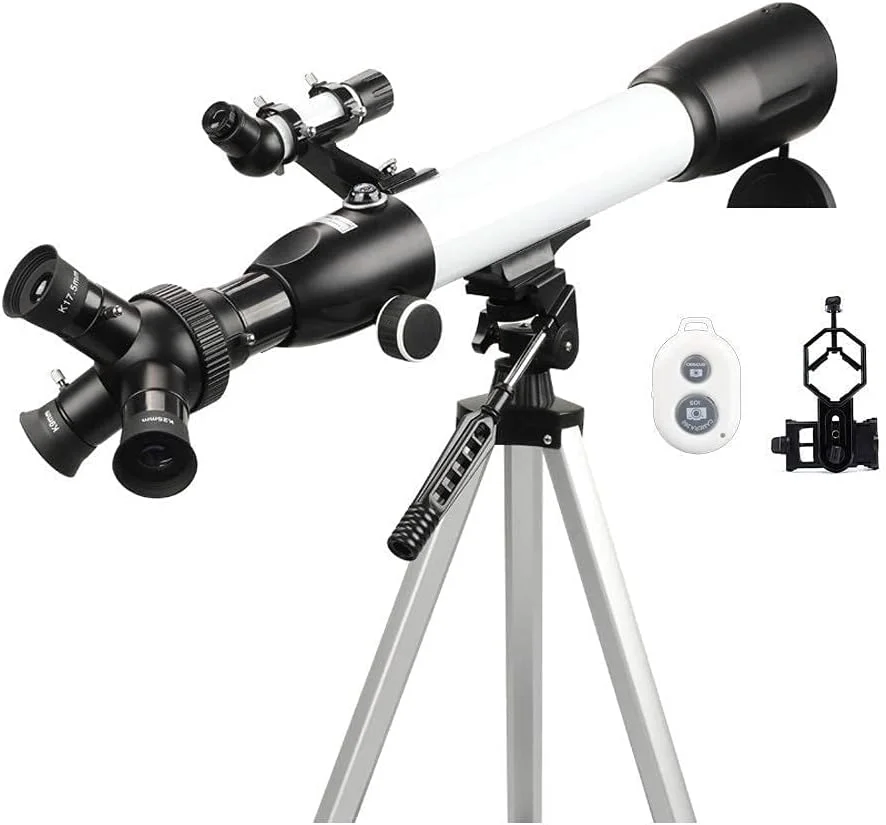 تلسکوپ برای کودکان مبتدی، دیافراگم 60 میلی‌متری، لنز منشوری BAK4 با فاصله کانونی 500 میلی‌متری، تلسکوپ انکساری نجومی، چشمی 3 در 1 با پایه تلفن هوشمند، پایه و کنترل از راه دور بی‌سیم