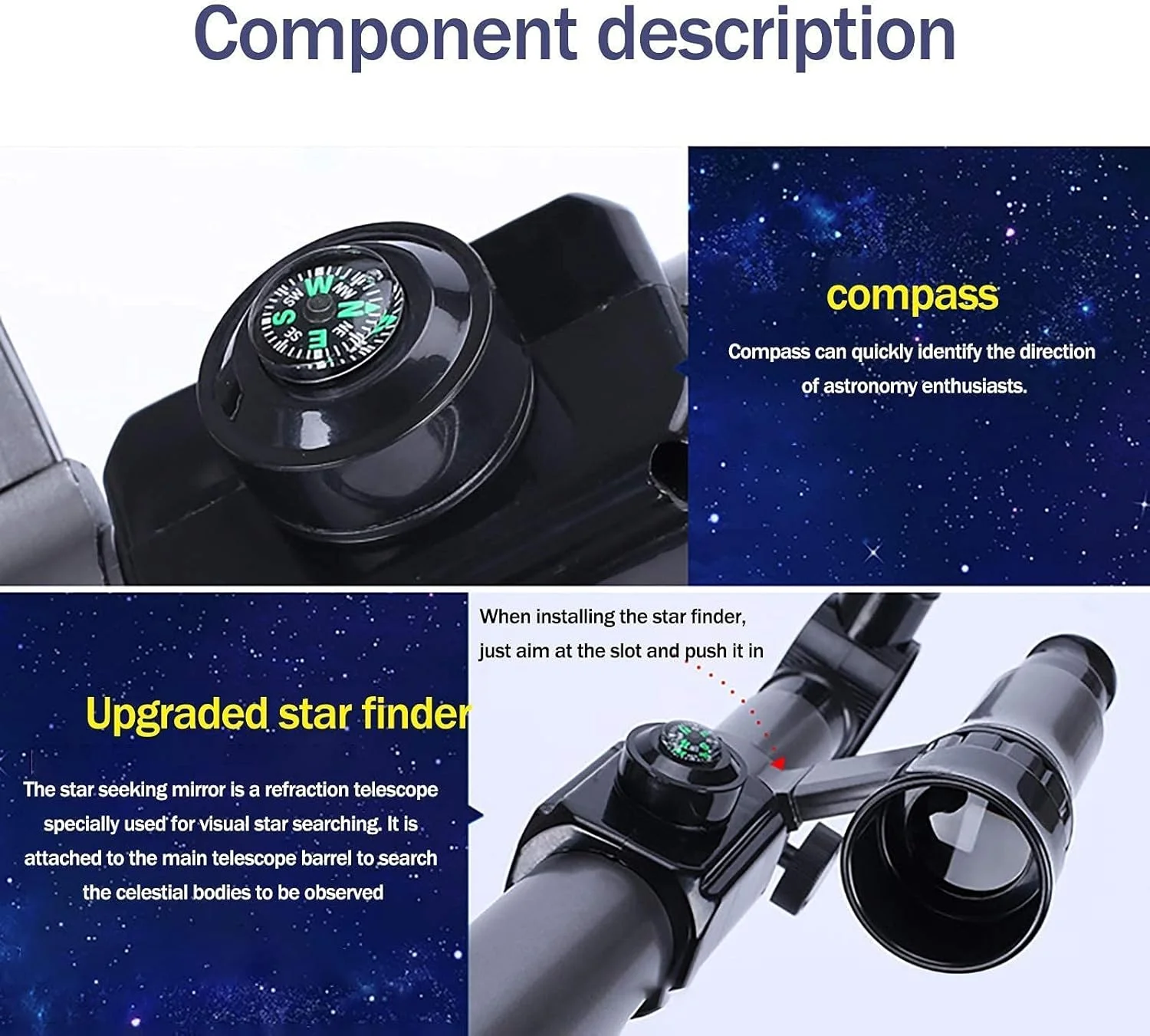 تلسکوپ مبتدی برای کودکان، تلسکوپ شکستنی HD 60 میلی‌متری برای نجوم، دوربین دوچشمی استارتر با پایه، یابنده، تلسکوپ برای سیارات ماه