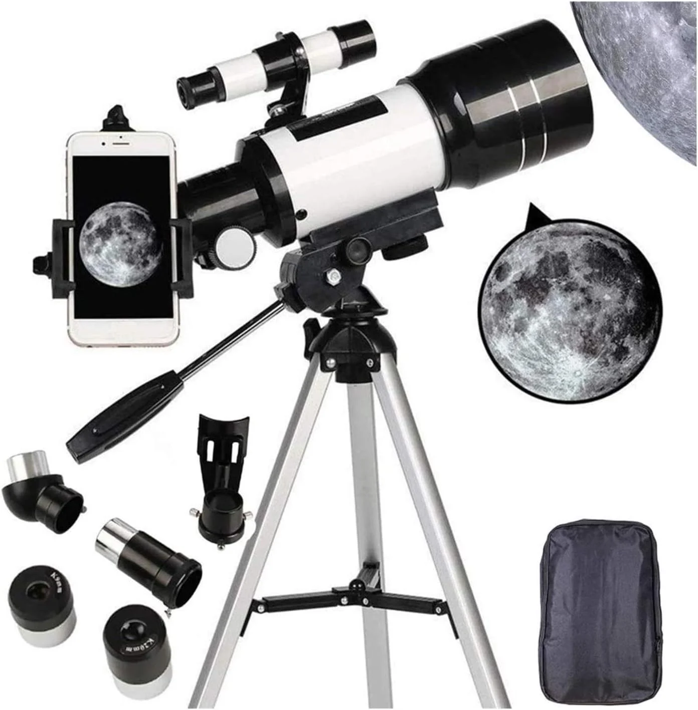 تلسکوپ 70 میلی‌متری برای بزرگسالان، تلسکوپ مبتدی و کودکان، شکست نور برای نمایش ماه، تماشای ستارگان، فعالیت‌های خارج از منزل، سه‌پایه و پایه تلفن هوشمند