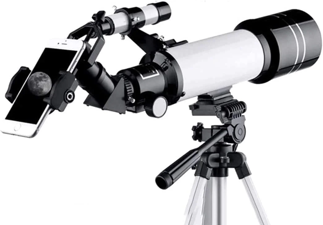 تلسکوپ برای کودکان و مبتدیان، تلسکوپ شکستنی نجومی ۷۰ میلی‌متری با پایه قابل تنظیم، تلسکوپ مسافرتی با کیف حمل، آداپتور تلفن و کنترل از راه دور بی‌سیم، سفید