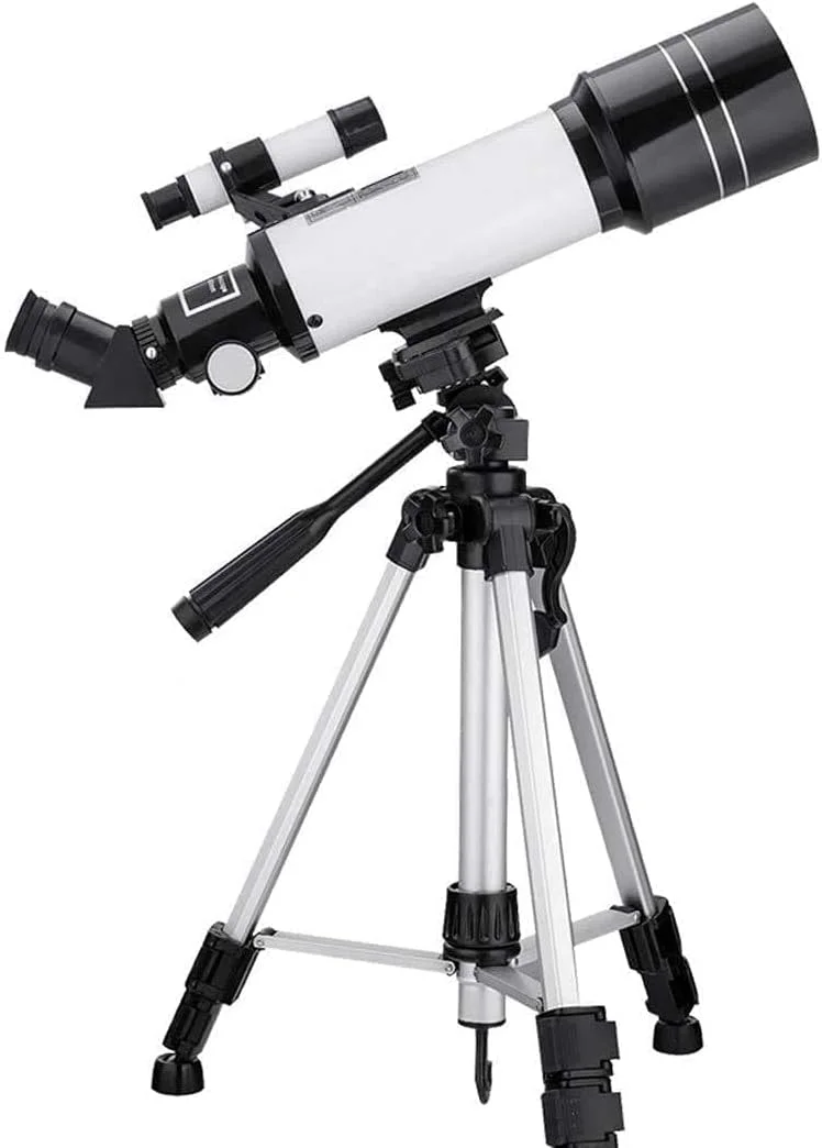 تلسکوپ برای کودکان و مبتدیان، تلسکوپ شکستنی نجومی ۷۰ میلی‌متری با پایه قابل تنظیم، تلسکوپ مسافرتی با کیف حمل، آداپتور تلفن و کنترل از راه دور بی‌سیم، سفید