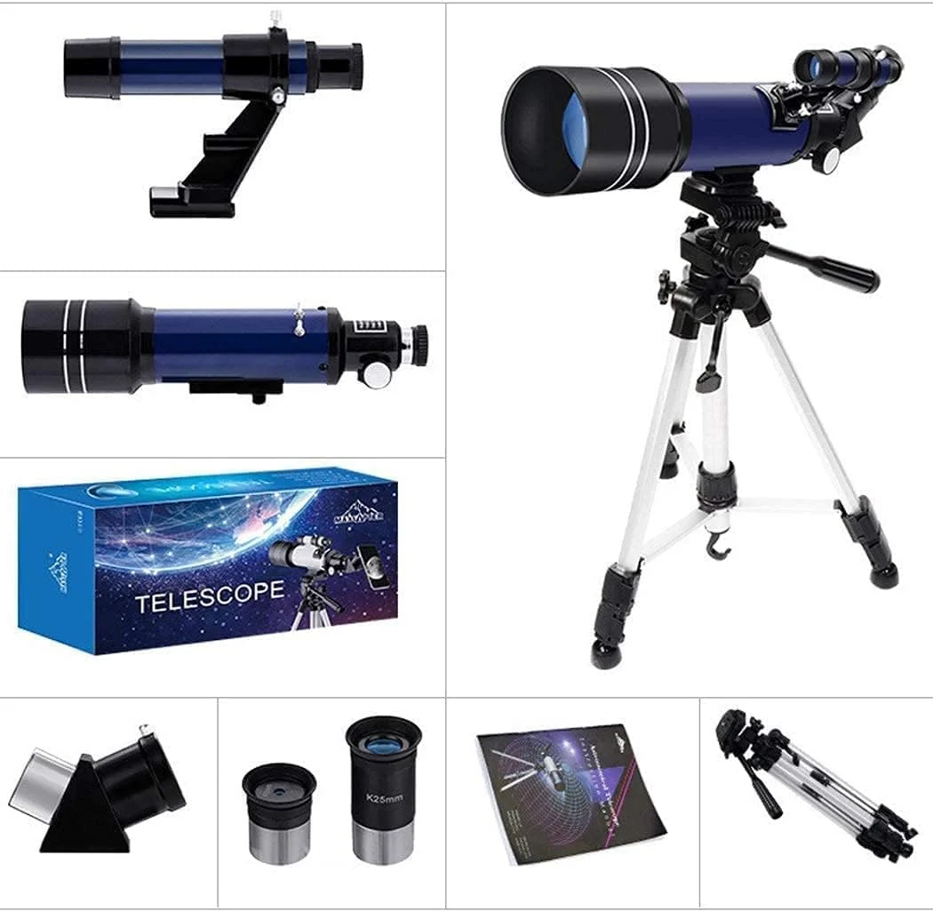 تلسکوپ برای کودکان و مبتدیان، تلسکوپ شکستنی نجومی ۷۰ میلی‌متری با پایه قابل تنظیم، تلسکوپ مسافرتی با کیف حمل، آداپتور تلفن و کنترل از راه دور بی‌سیم، سفید