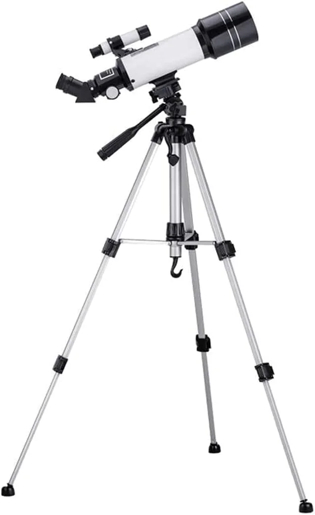 تلسکوپ برای کودکان و مبتدیان، تلسکوپ شکستنی نجومی ۷۰ میلی‌متری با پایه قابل تنظیم، تلسکوپ مسافرتی با کیف حمل، آداپتور تلفن و کنترل از راه دور بی‌سیم، سفید