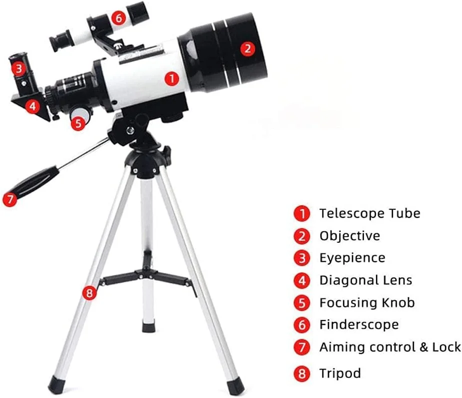 تلسکوپ 70 میلی‌متری با دهانه 300 میلی‌متری برای نجوم، لنز منشوری BAK4، تلسکوپ شکستنی نجومی با پایه تلفن هوشمند و پایه برای کاوش در ماه و سیارات