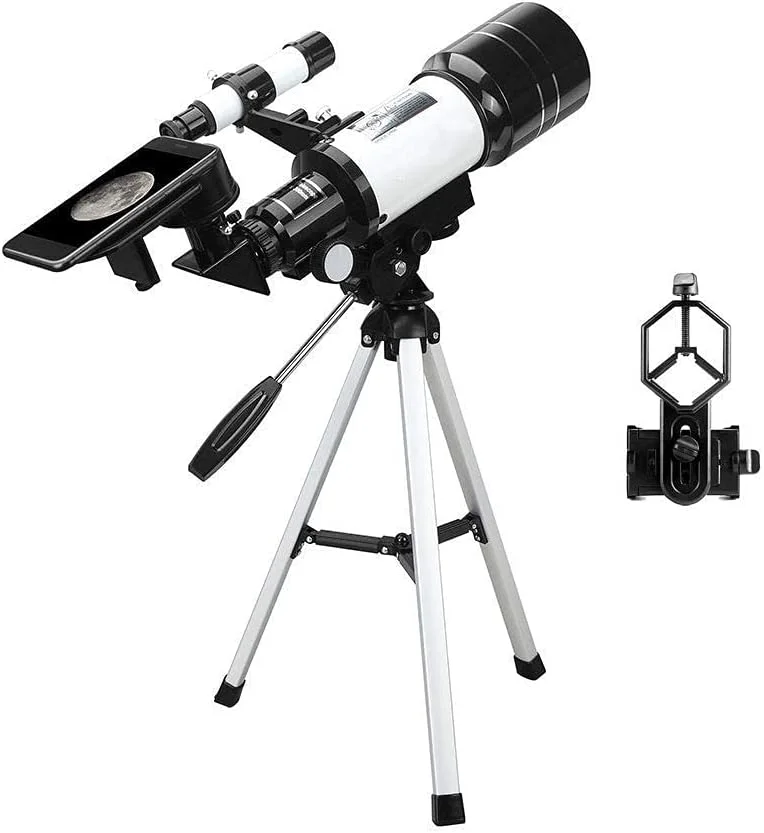 تلسکوپ 70 میلی‌متری شکستنی نجومی با منشور BAK4، دهانه 70 میلی‌متری، طول کانونی 400 میلی‌متر، به همراه پایه، گیره تلفن همراه و کنترل سیم دوربین