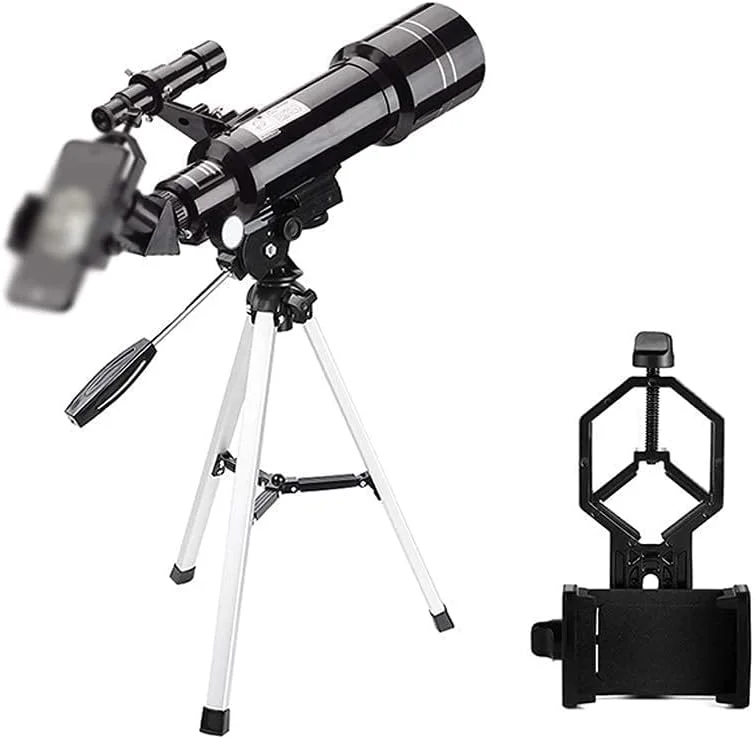 تلسکوپ برای کودکان، بزرگسالان و مبتدیان، تلسکوپ شکستنی نجومی با لنز منشور BAK4 با دهانه 70 میلی‌متری و فاصله کانونی 400 میلی‌متری به همراه پایه و نگهدارنده تلفن هوشمند برای کاوش در ماه و سیارات